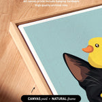 a black cat with a yellow bird perched on its head, set against a blue background.