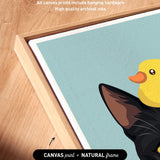 a black cat with a yellow bird perched on its head, set against a blue background.