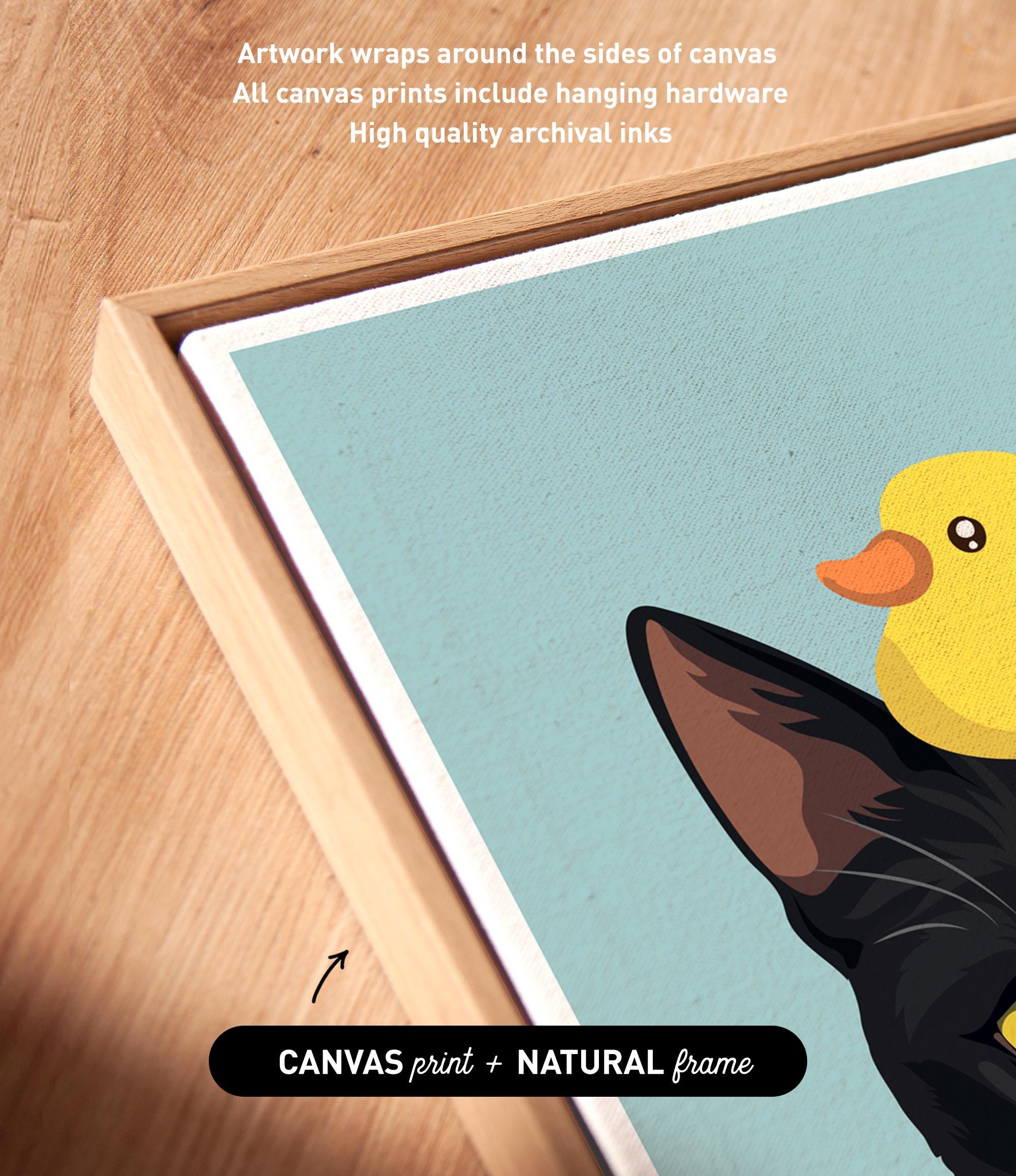 a black cat with a yellow bird perched on its head, set against a blue background.