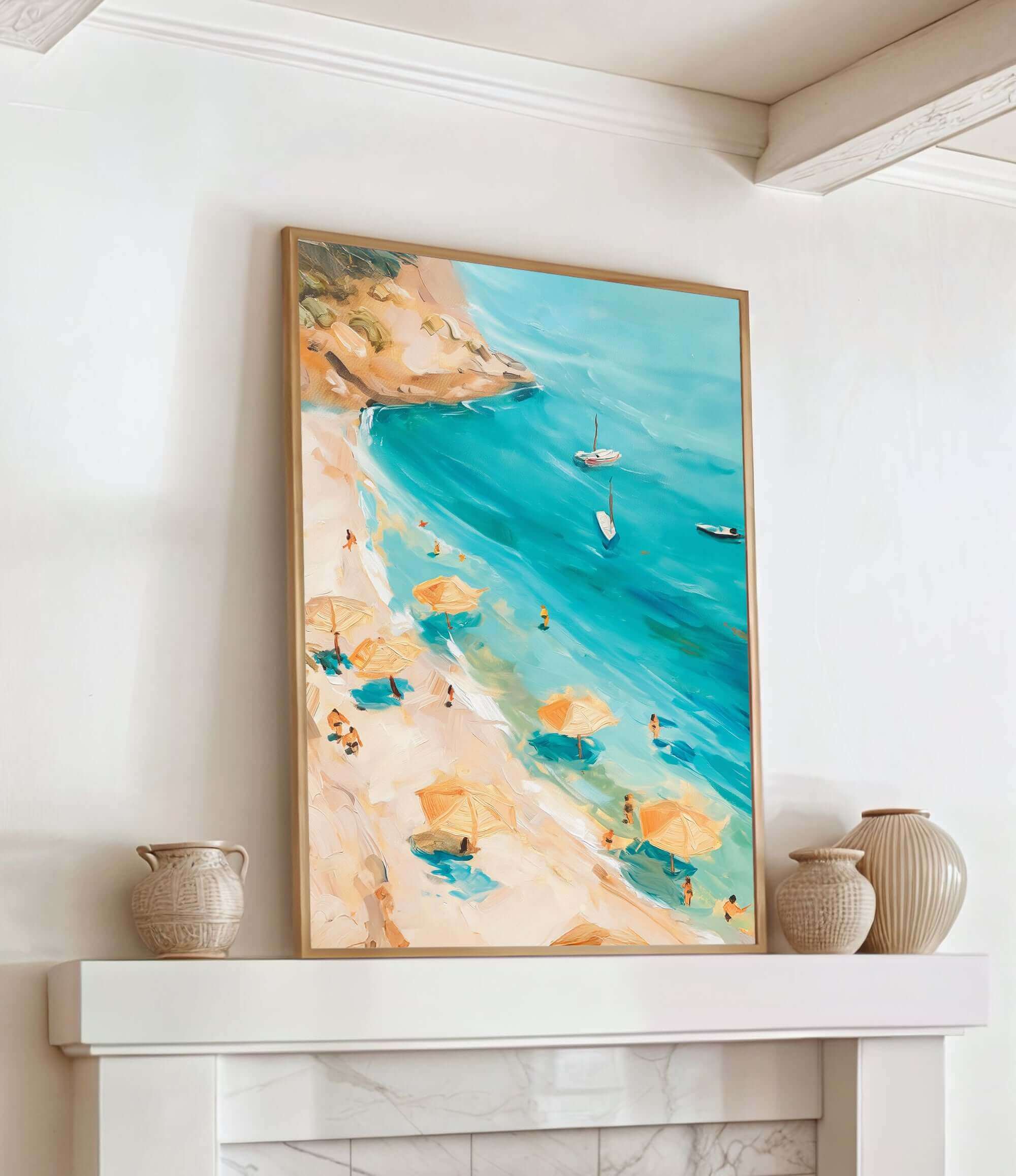 a framed painting of a beach scene with people enjoying the sun and the ocean, along with several umbrellas and boats in the water.