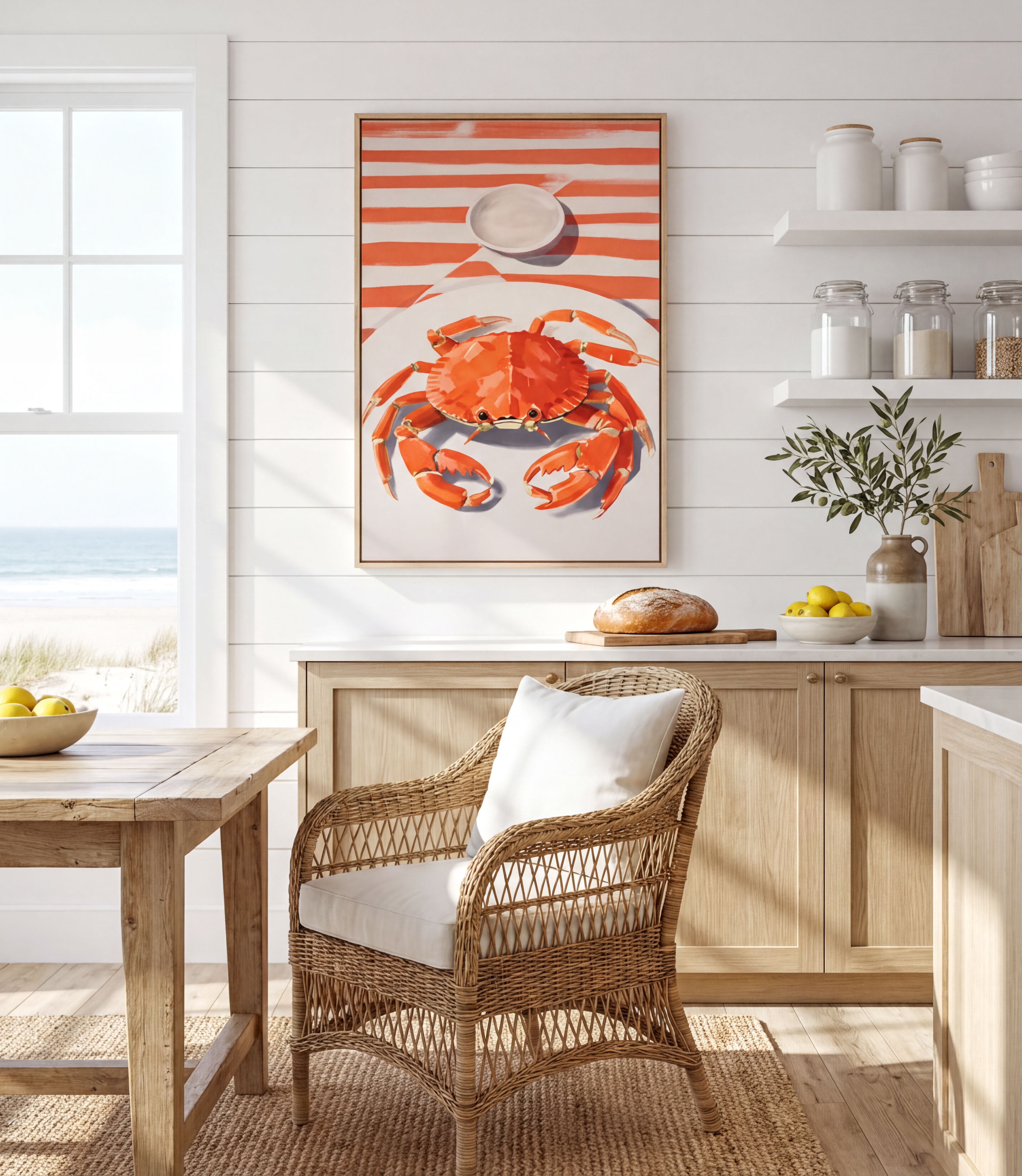 a kitchen with a wicker chair, a wooden table, and a framed painting of a crab on a white and orange striped background. The kitchen has white cabinets and a window overlooking the ocean.