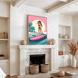 a living room with a fireplace, a large framed poster of a woman paddleboarding, and various decorative elements such as vases and a potted plant.