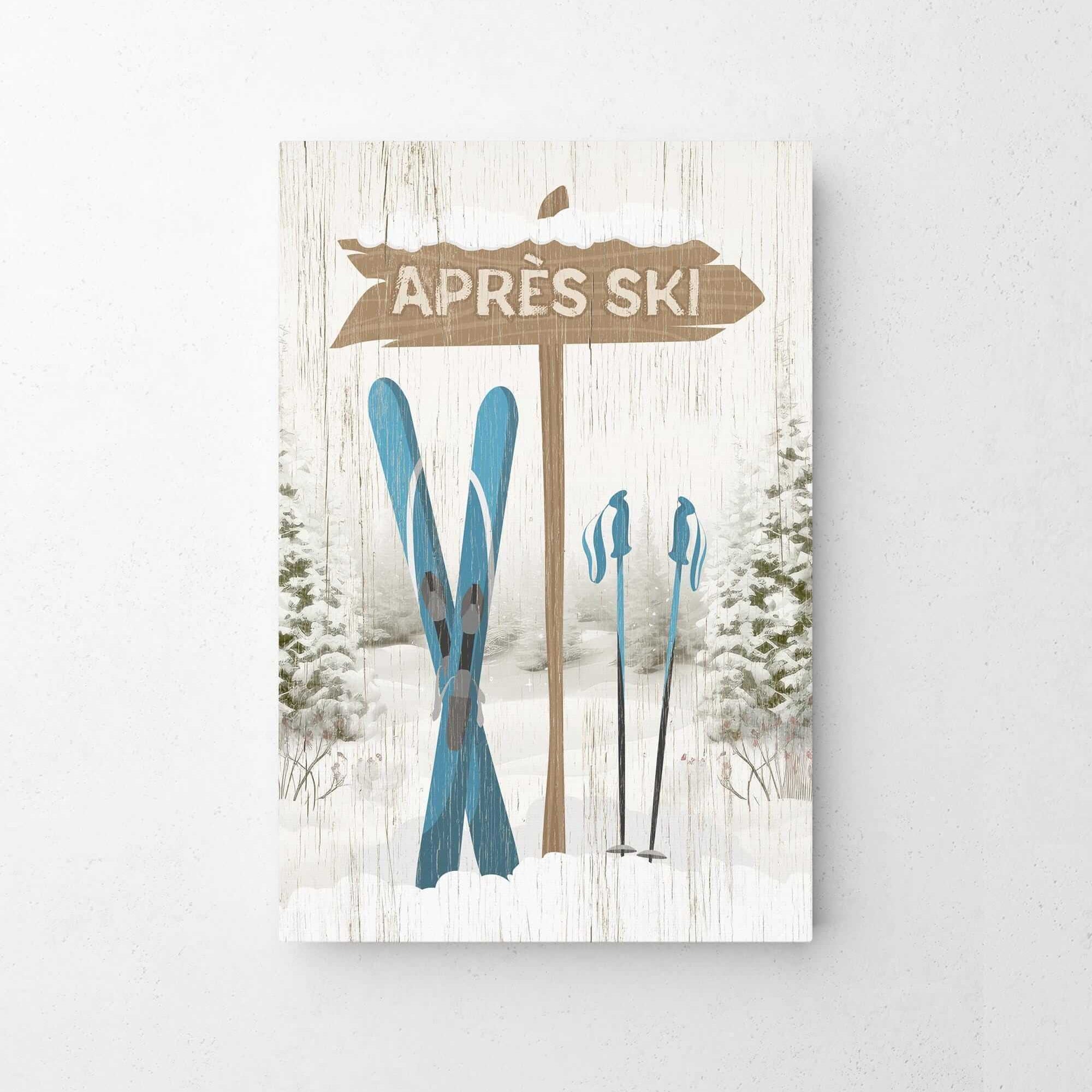 The Cerulean Après Ski Signpost Wall Art features a vintage "Après Ski" sign next to blue skis and poles with snowy trees—perfect mountain lodge decor.