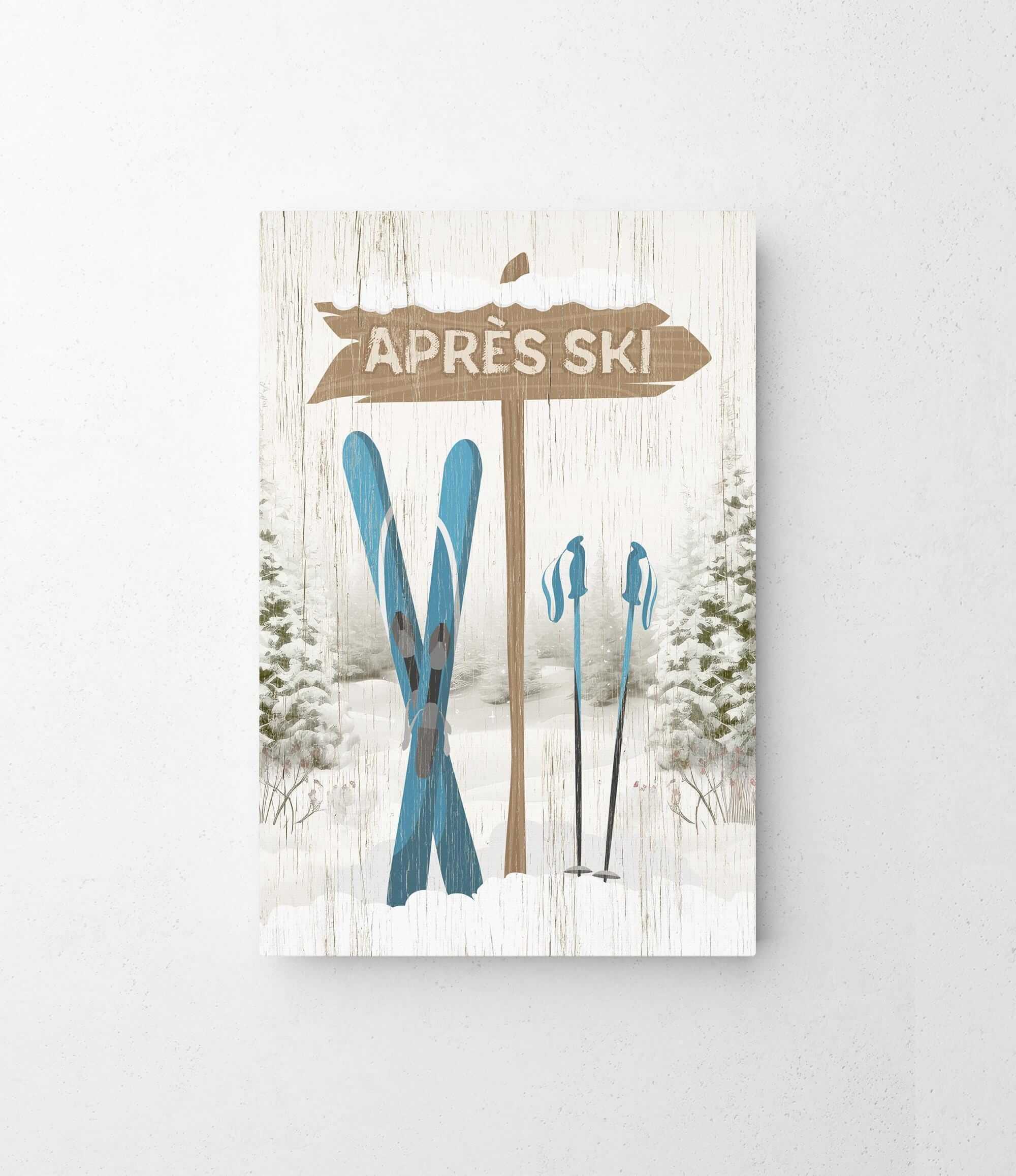 The Cerulean Après Ski Signpost Wall Art features a vintage "Après Ski" sign next to blue skis and poles with snowy trees—perfect mountain lodge decor.