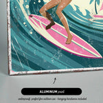 The image is an illustration of a surfer riding a wave on a pink surfboard.