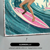 The image is an illustration of a surfer riding a wave on a pink surfboard.