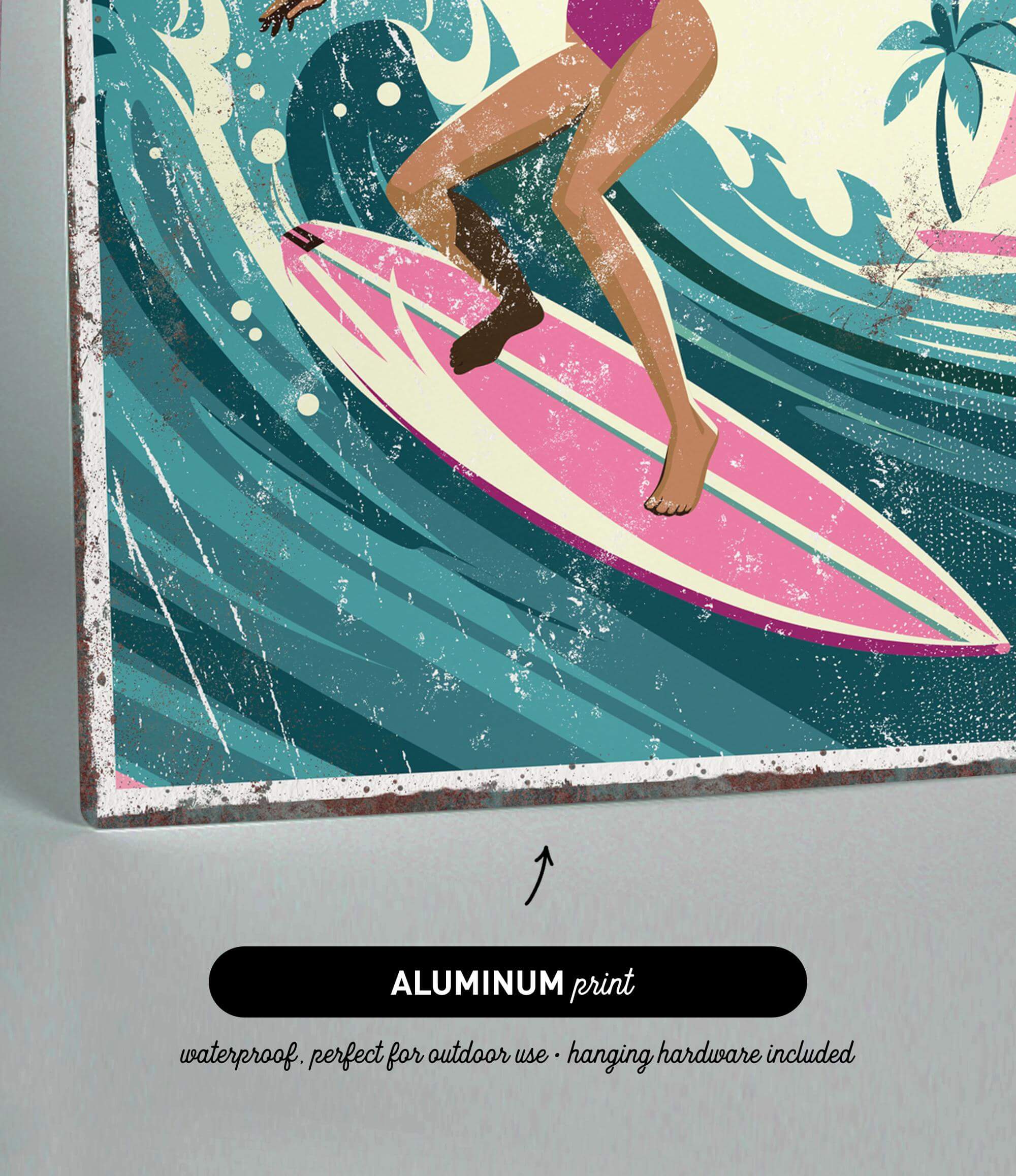 The image is an illustration of a surfer riding a wave on a pink surfboard.