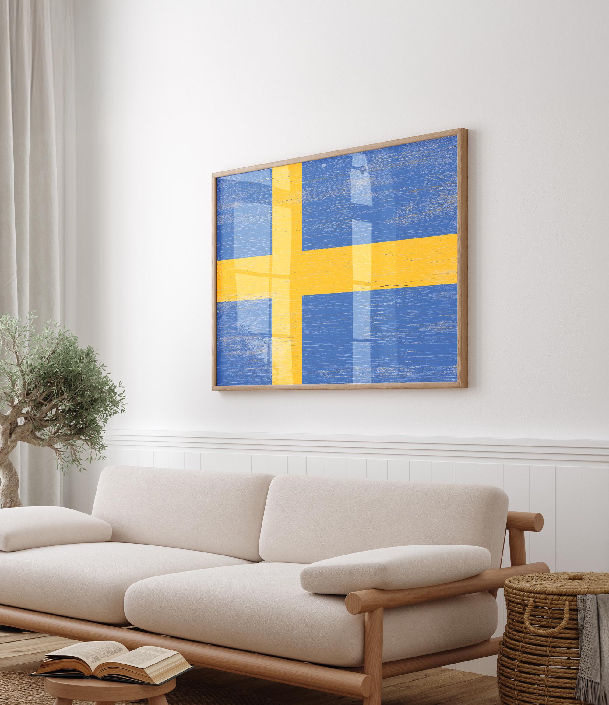 a living room with a white couch and a yellow and blue painting on the wall