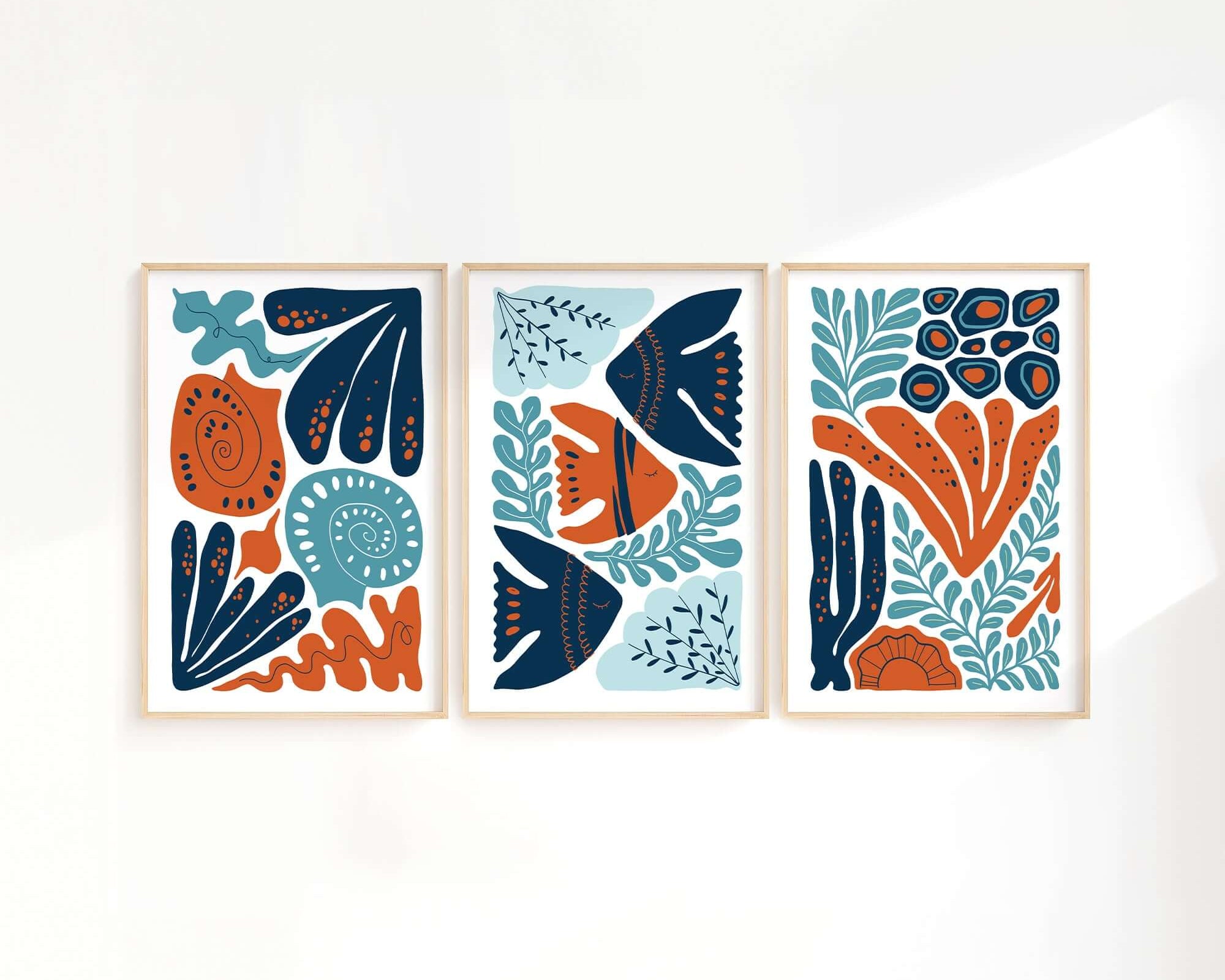 The Ocean Blocks Triptych | Set of Three Prints | 326 features abstract blue, orange, and light blue leaf and floral designs, bringing a modern touch to your home decor.