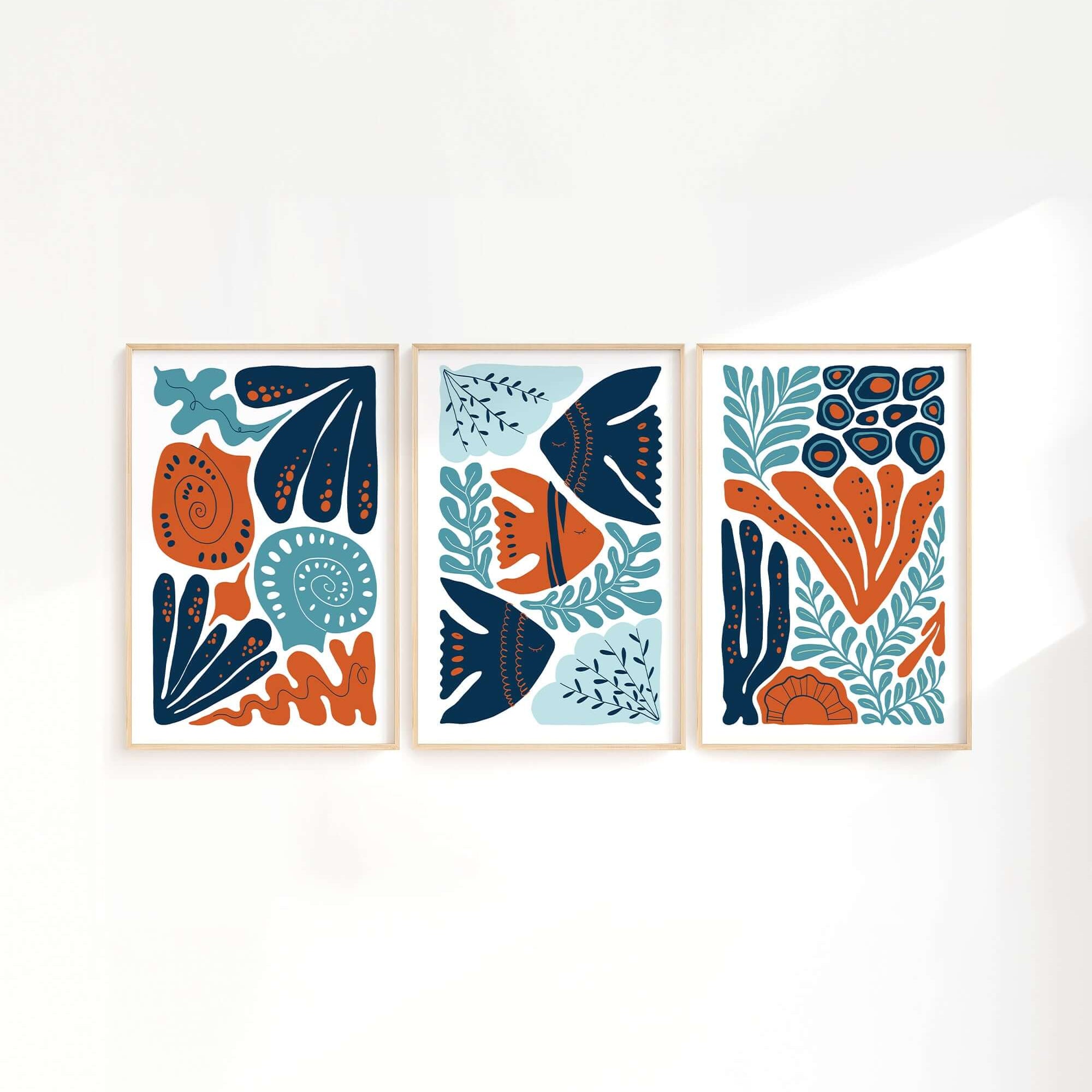 The Ocean Blocks Triptych | Set of Three Prints | 326 features abstract blue, orange, and light blue leaf and floral designs, bringing a modern touch to your home decor.