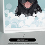 The image is an illustration of a black dog with its tongue out, surrounded by bubbles, and it is printed on a waterproof and perfect for outdoor use material.