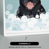 The image is an illustration of a black dog with its tongue out, surrounded by bubbles, and it is printed on a waterproof and perfect for outdoor use material.