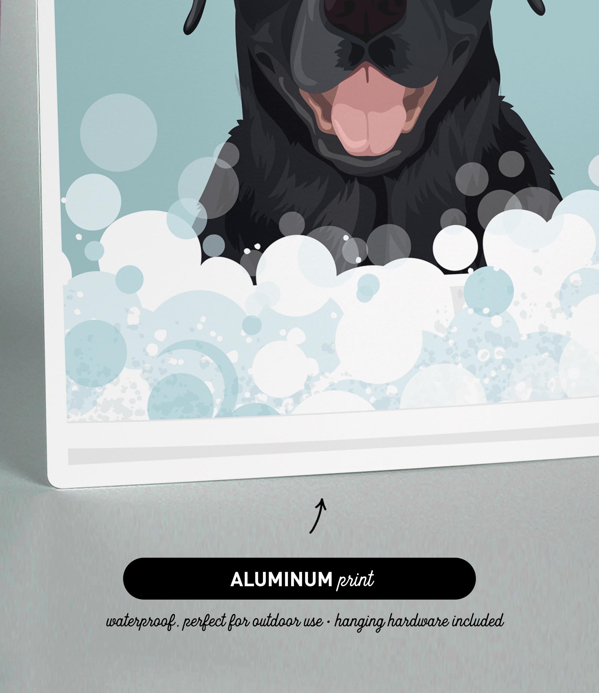 The image is an illustration of a black dog with its tongue out, surrounded by bubbles, and it is printed on a waterproof and perfect for outdoor use material.