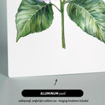 The image is an aluminum print featuring a watercolor painting of a purple flower with green leaves.
