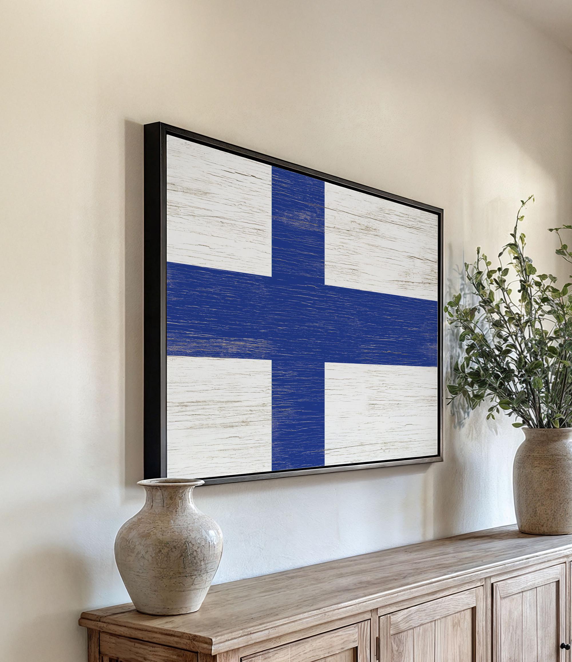 a painting of a blue and white cross on a wall