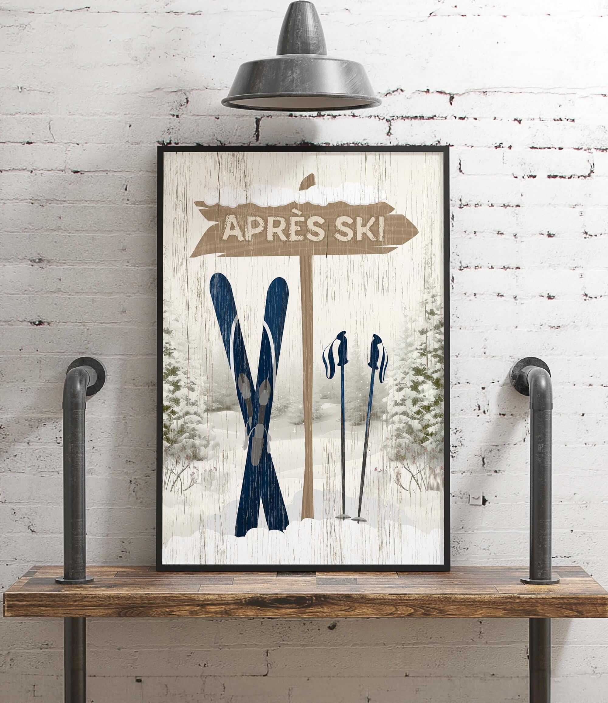 a picture of a ski sign hanging on a wall