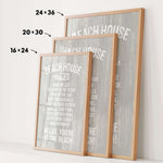 three framed signs with text, likely providing beach house rules or guidelines.