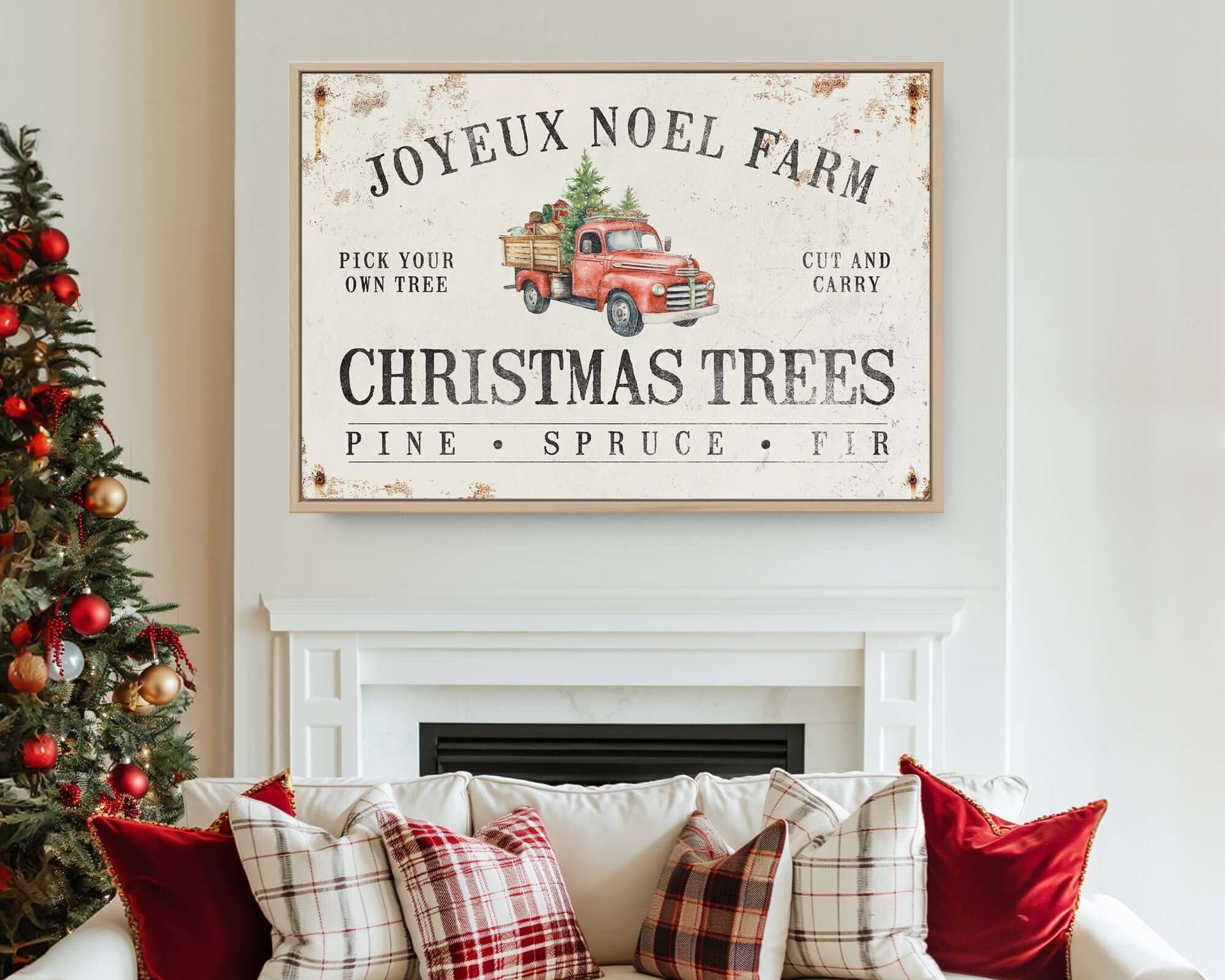 a living room with a couch and a christmas tree
