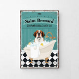 A vintage-style advertisement for Saint Bernard soap and bubble bath, featuring a dog sitting in a bathtub filled with bubbles.
