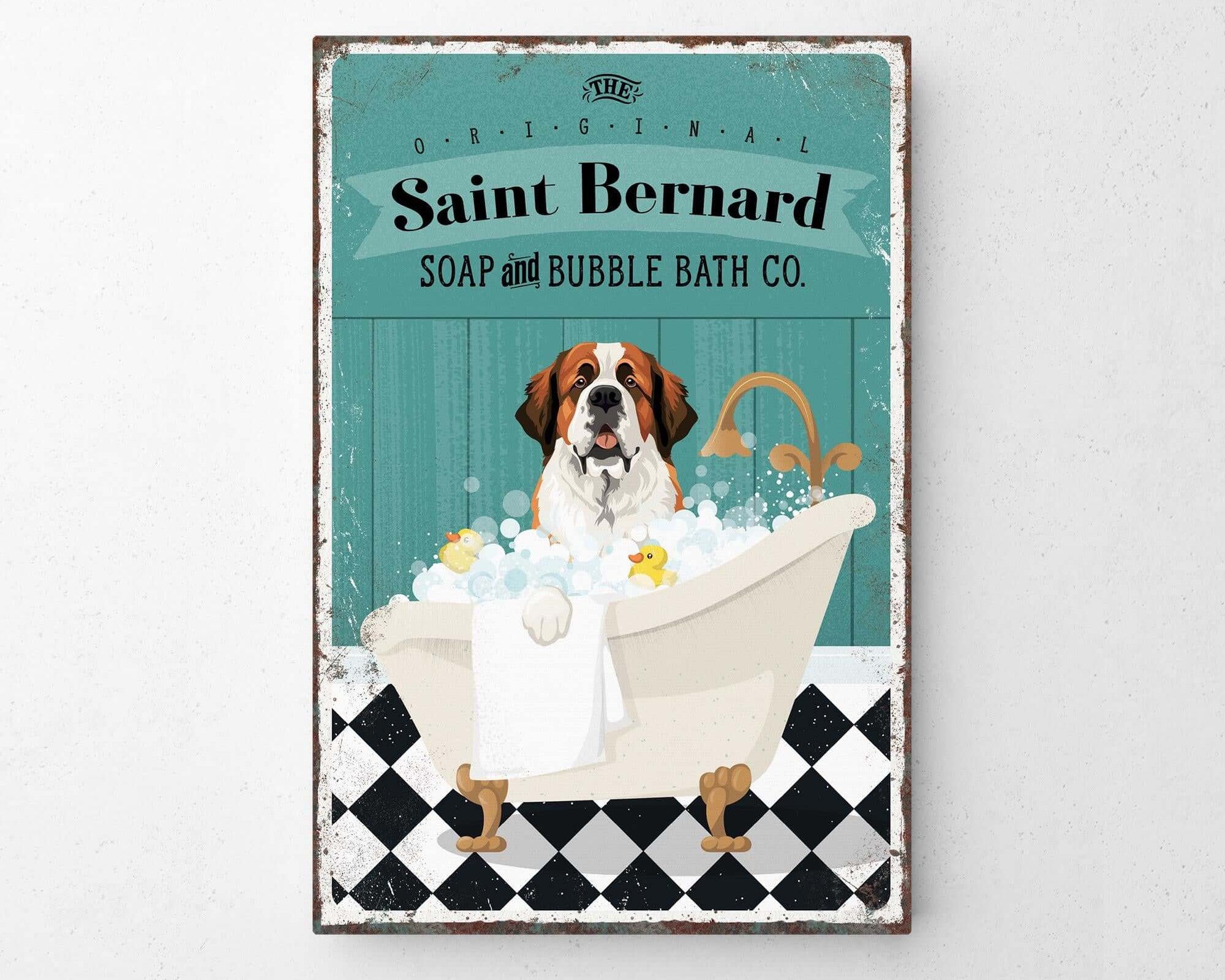 A vintage-style advertisement for Saint Bernard soap and bubble bath, featuring a dog sitting in a bathtub filled with bubbles.