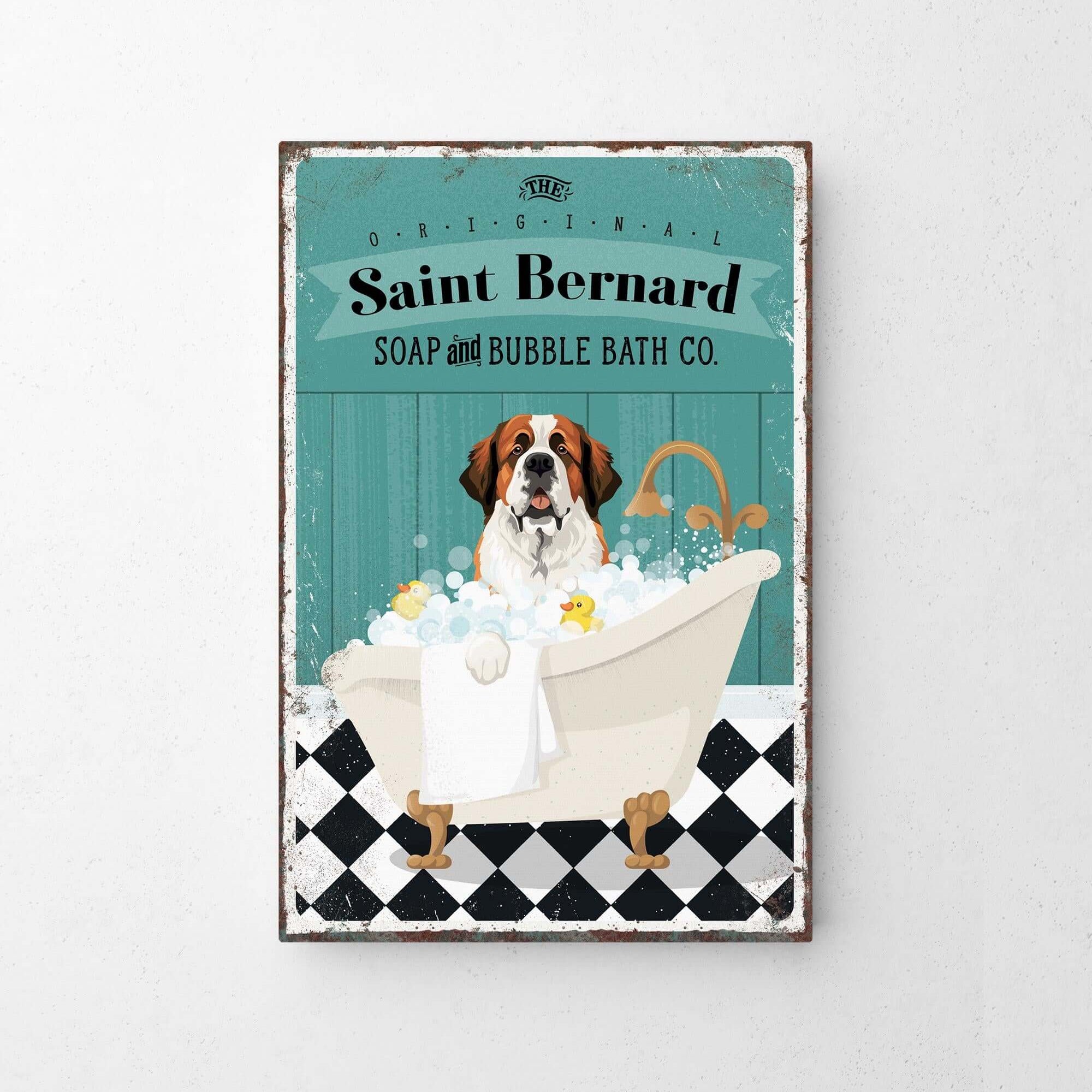 A vintage-style advertisement for Saint Bernard soap and bubble bath, featuring a dog sitting in a bathtub filled with bubbles.