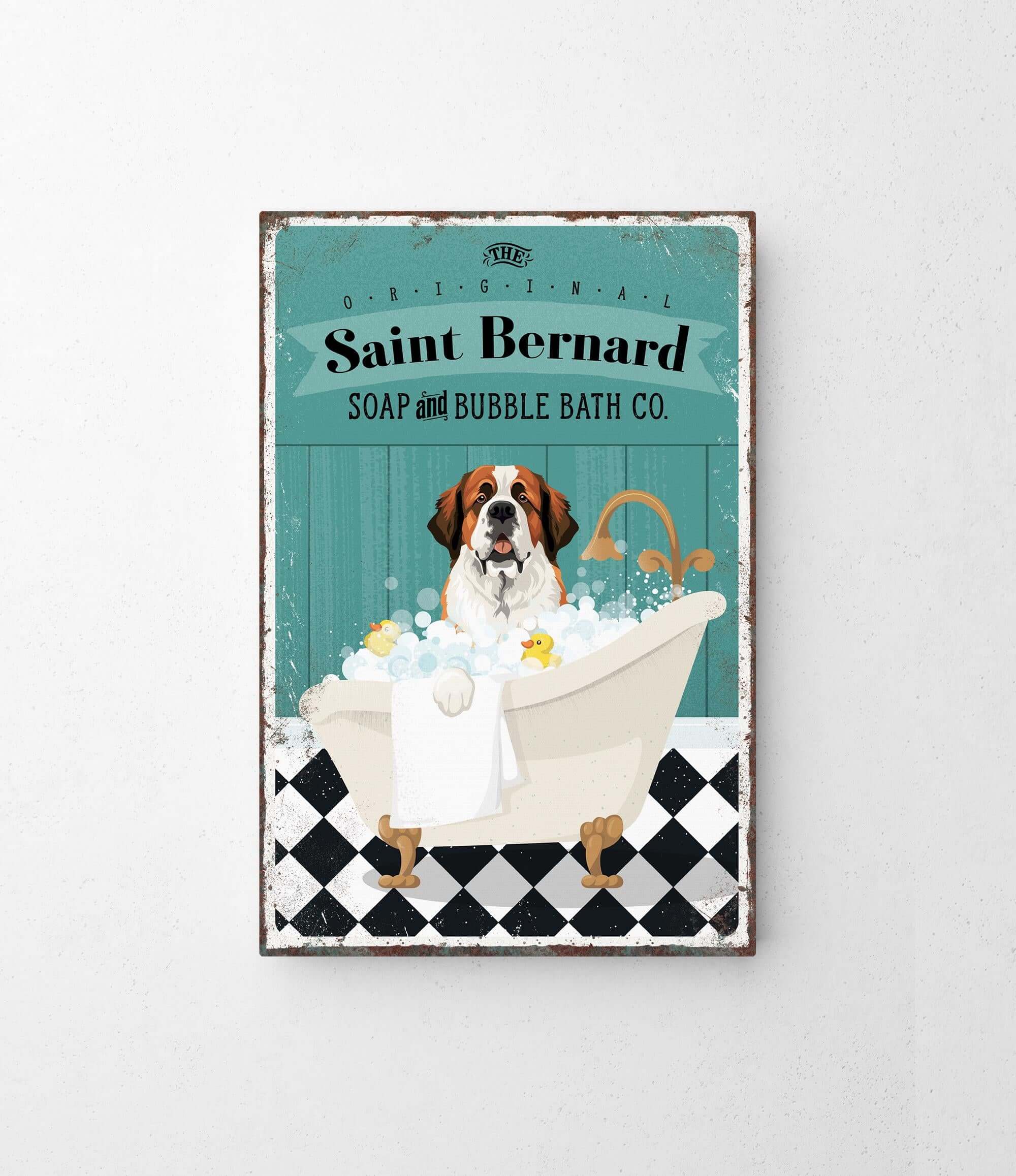A vintage-style advertisement for Saint Bernard soap and bubble bath, featuring a dog sitting in a bathtub filled with bubbles.