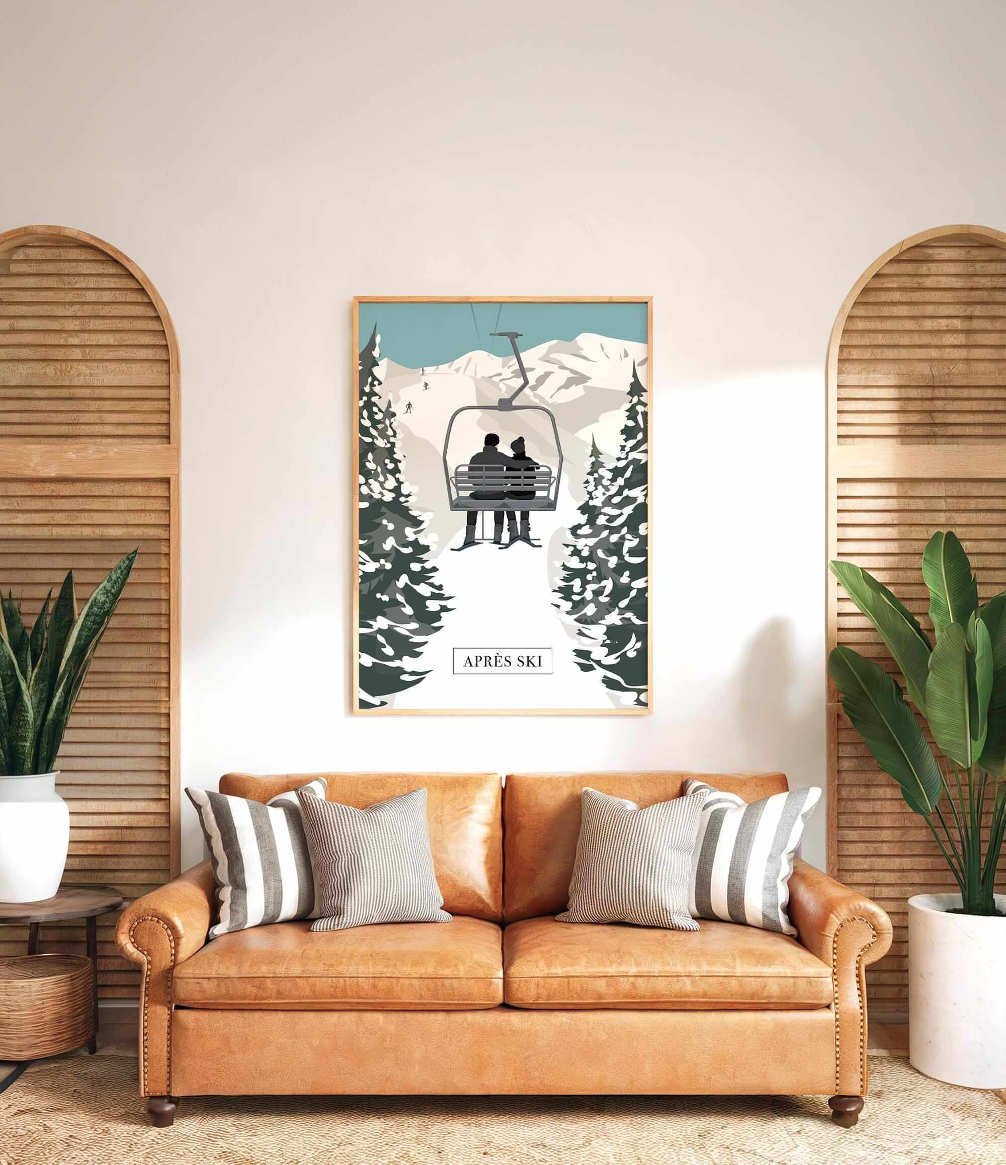 a cozy living room with a brown leather couch adorned with striped pillows, a framed poster of a ski lift, and two potted plants on either side of the couch.