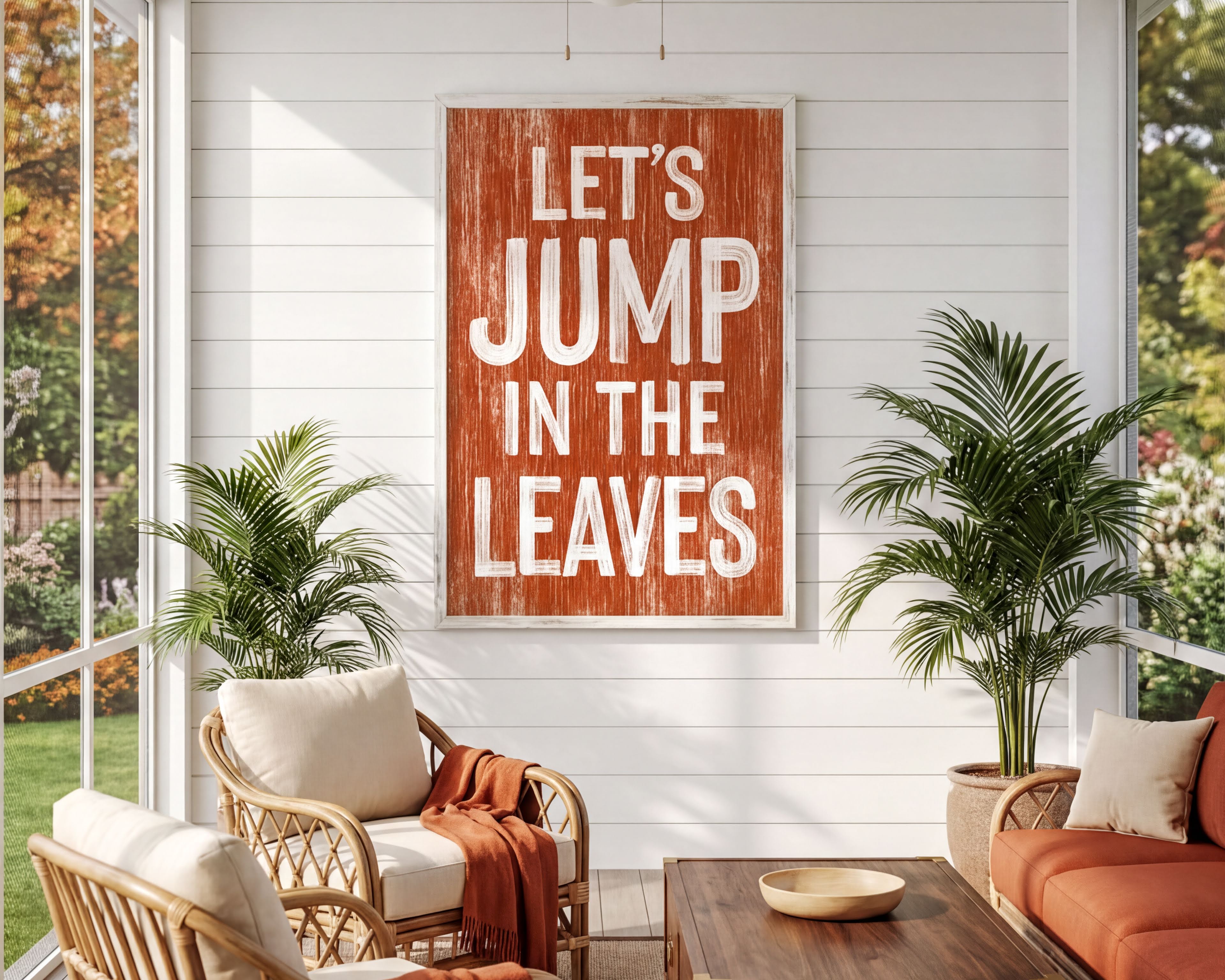 a cozy living room with a large orange sign that reads "LET'S JUMP IN THE LEAVES" hanging on the wall. The room is furnished with wicker chairs and a wooden coffee table, and there are potted plants placed around the space. The overall atmosphere of the room appears warm and inviting, with the sign serving as a focal point.