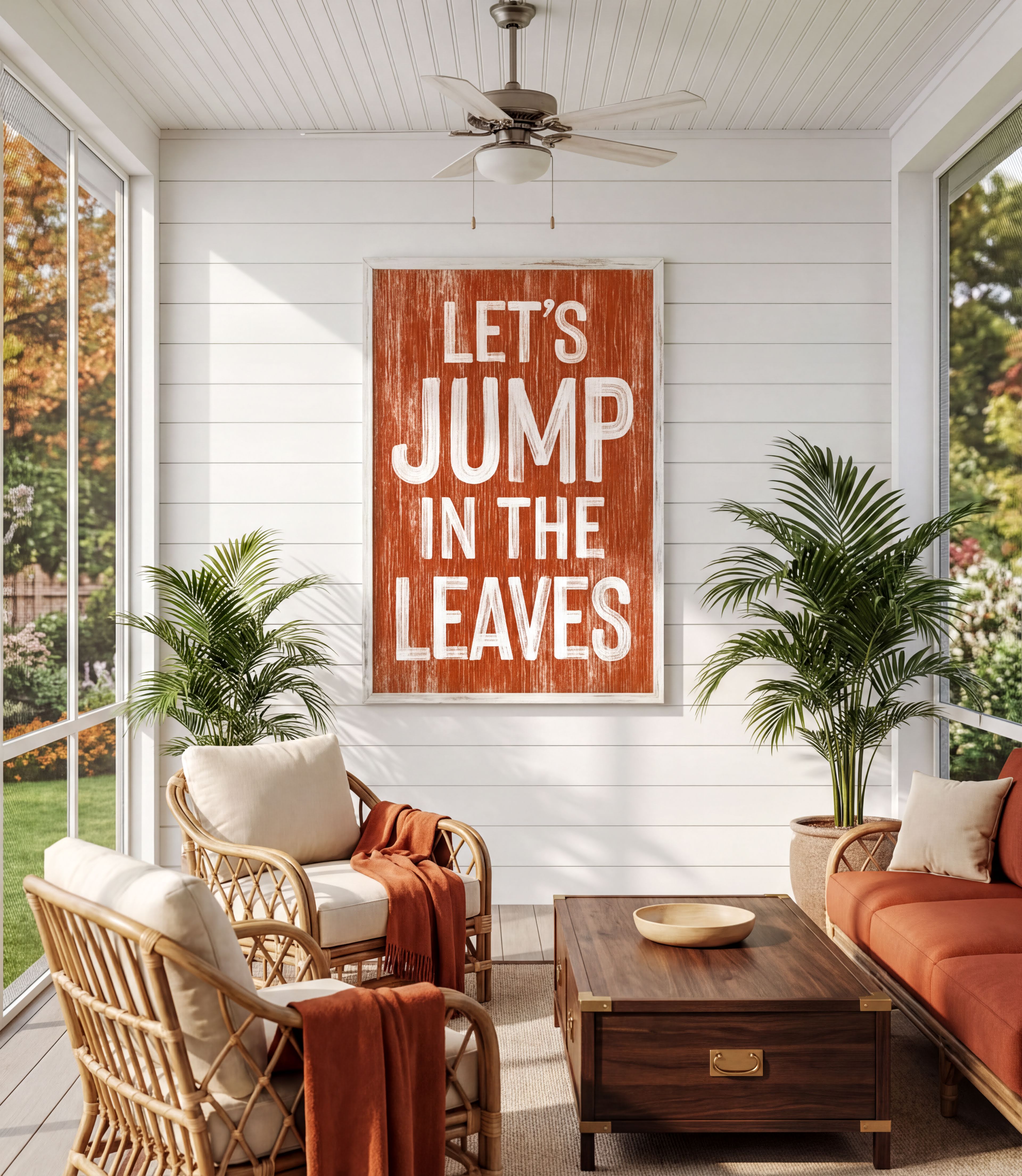 a cozy living room with a large orange sign that reads "LET'S JUMP IN THE LEAVES" hanging on the wall. The room is furnished with wicker chairs and a wooden coffee table, and there are potted plants placed around the space. The overall atmosphere of the room appears warm and inviting, with the sign serving as a focal point.