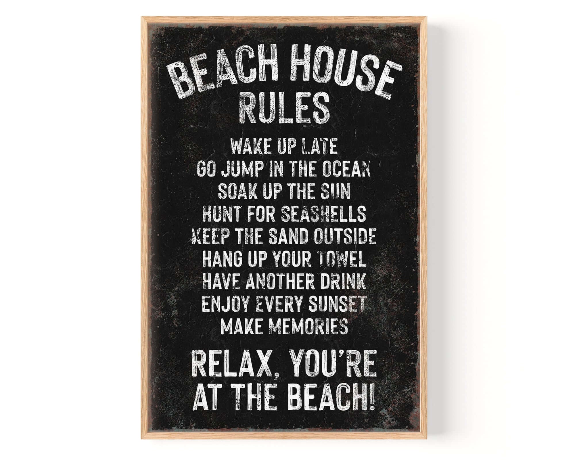 The Beach House Rules Sign, Rusted Edge, Black, displays playful beach-themed rules in white text on a black background with a vintage rusted edge—ideal retro wall decor for your space.