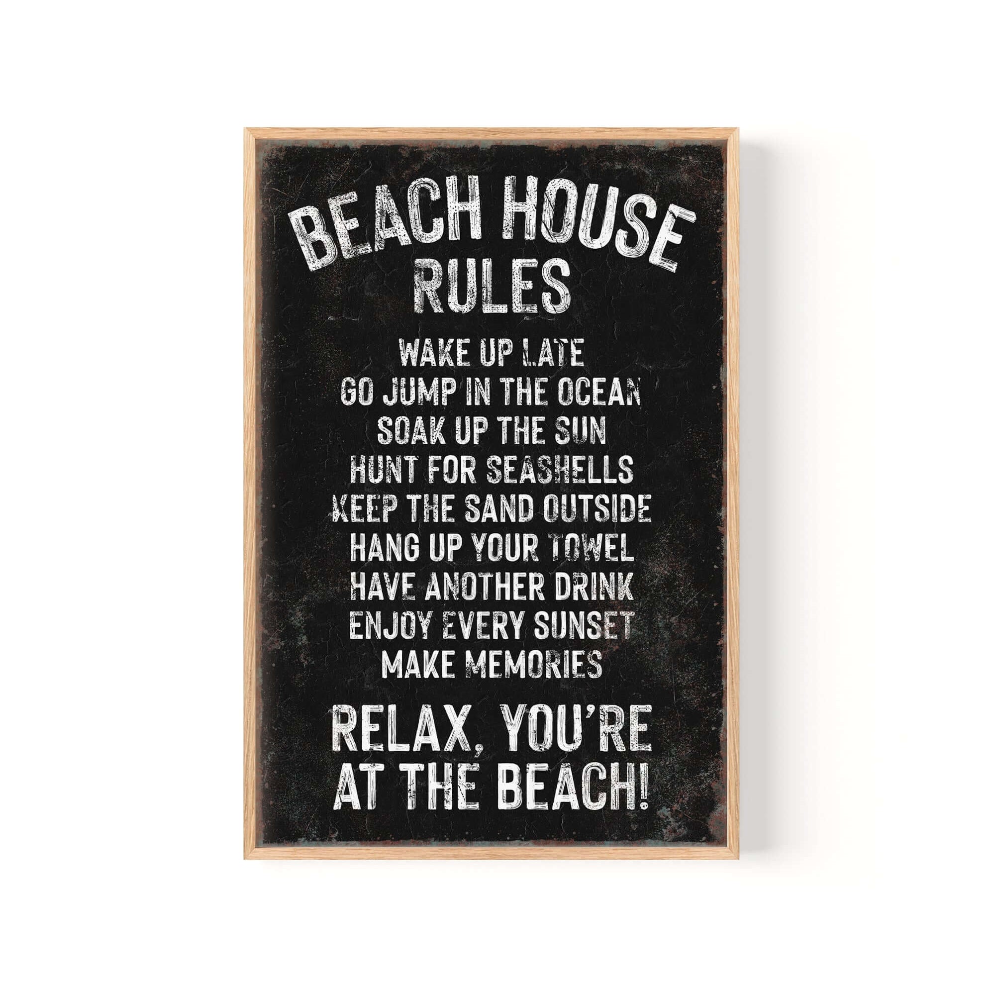 The Beach House Rules Sign, Rusted Edge, Black, displays playful beach-themed rules in white text on a black background with a vintage rusted edge—ideal retro wall decor for your space.