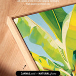 a vibrant, abstract painting of a banana leaf with a wooden frame.