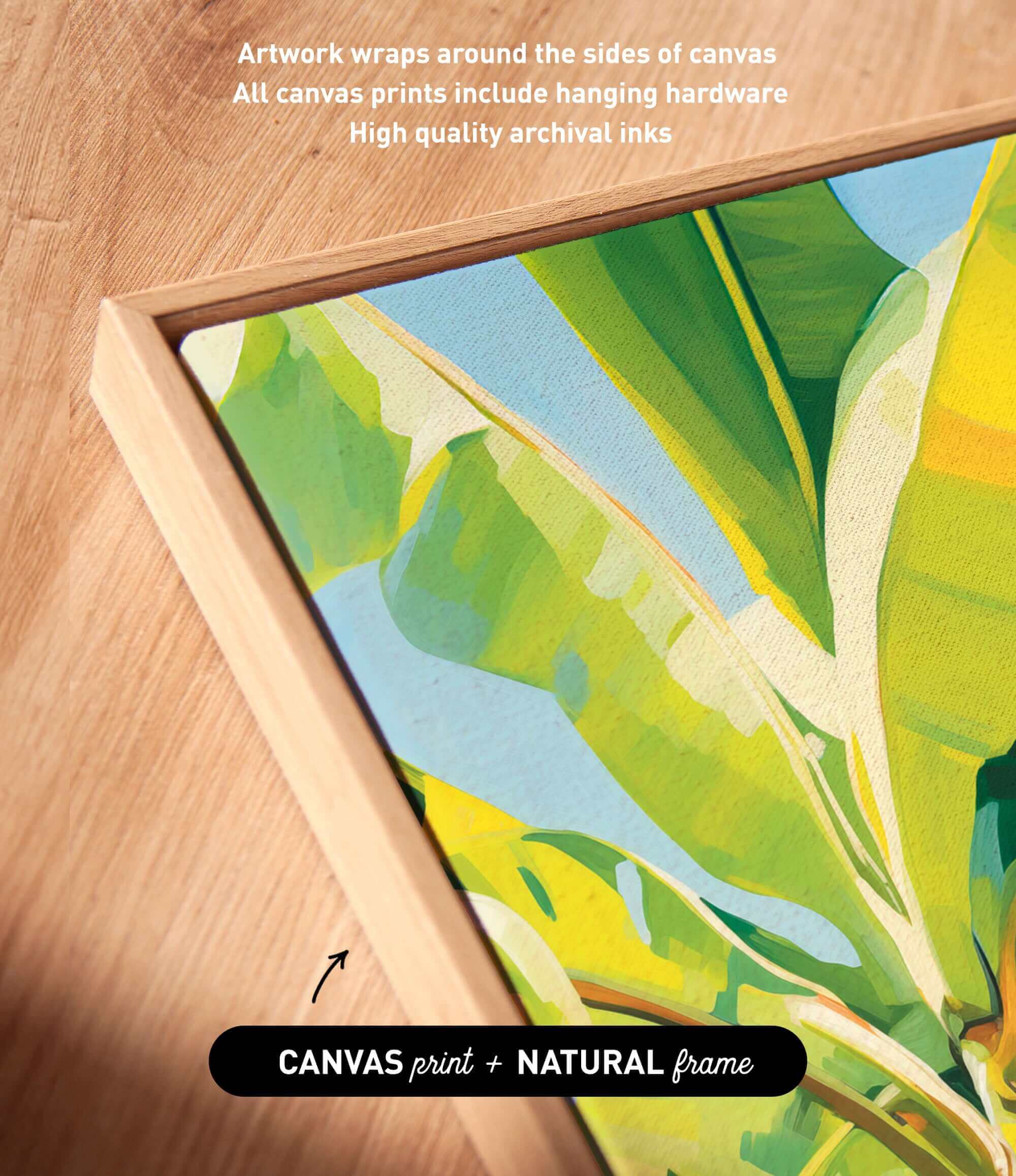 a vibrant, abstract painting of a banana leaf with a wooden frame.