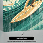The image is an aluminum print depicting a surfer riding a wave on a surfboard.