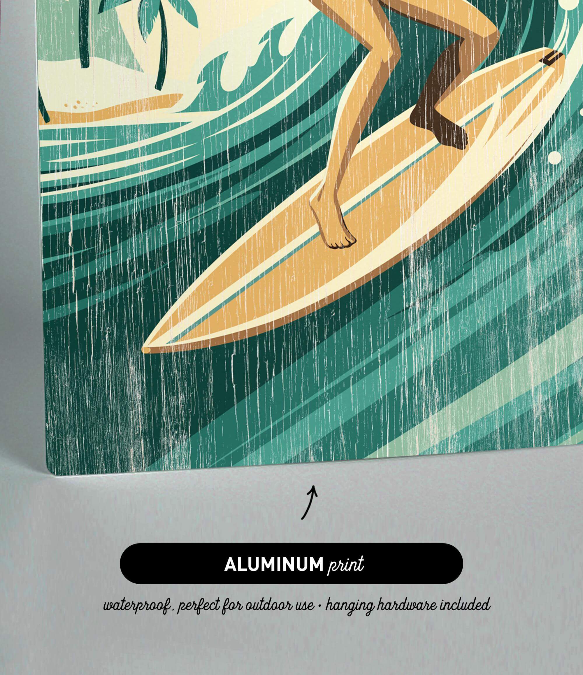 The image is an aluminum print depicting a surfer riding a wave on a surfboard.