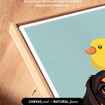 a vibrant and colorful artwork of a duck and a dog, with the duck depicted in a yellow and orange color scheme and the dog in a black and brown color scheme. The artwork is framed in a natural frame, and the text indicates that the artwork wraps around the sides of the canvas, and all canvas prints include hanging hardware for high quality archival inks.