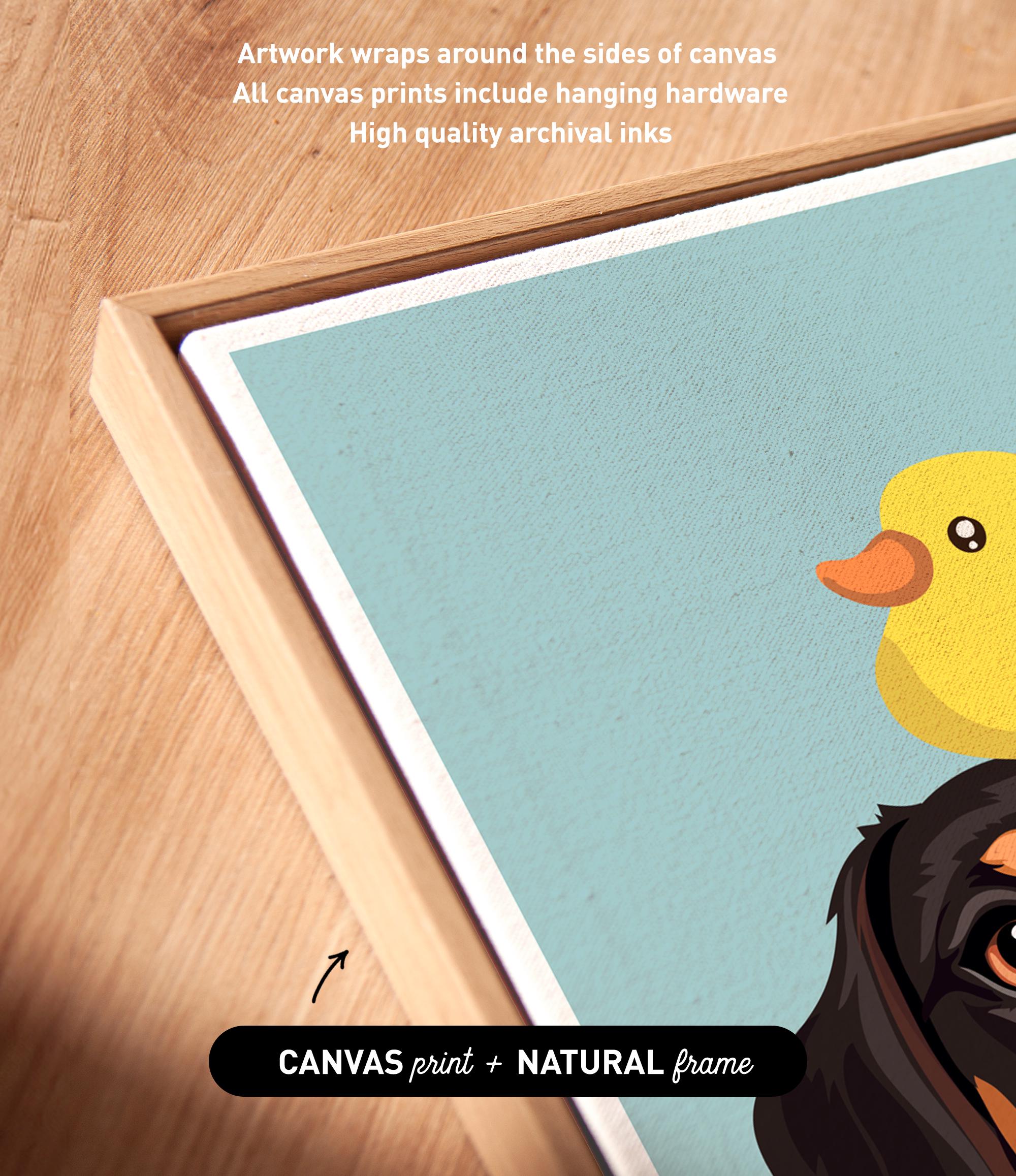 a vibrant and colorful artwork of a duck and a dog, with the duck depicted in a yellow and orange color scheme and the dog in a black and brown color scheme. The artwork is framed in a natural frame, and the text indicates that the artwork wraps around the sides of the canvas, and all canvas prints include hanging hardware for high quality archival inks.