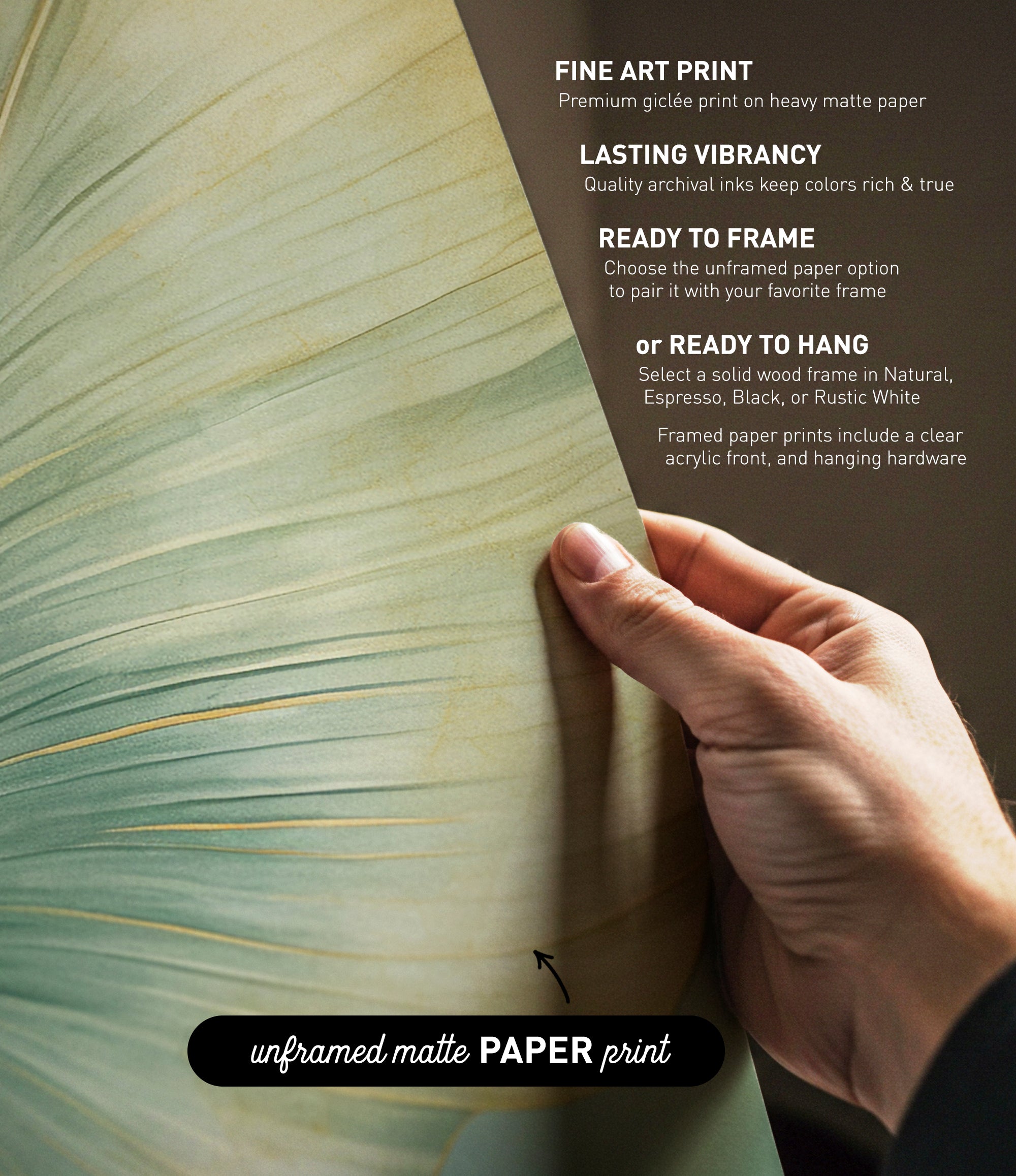 The image is a hand holding a piece of paper with text and a graphic of a leaf.
