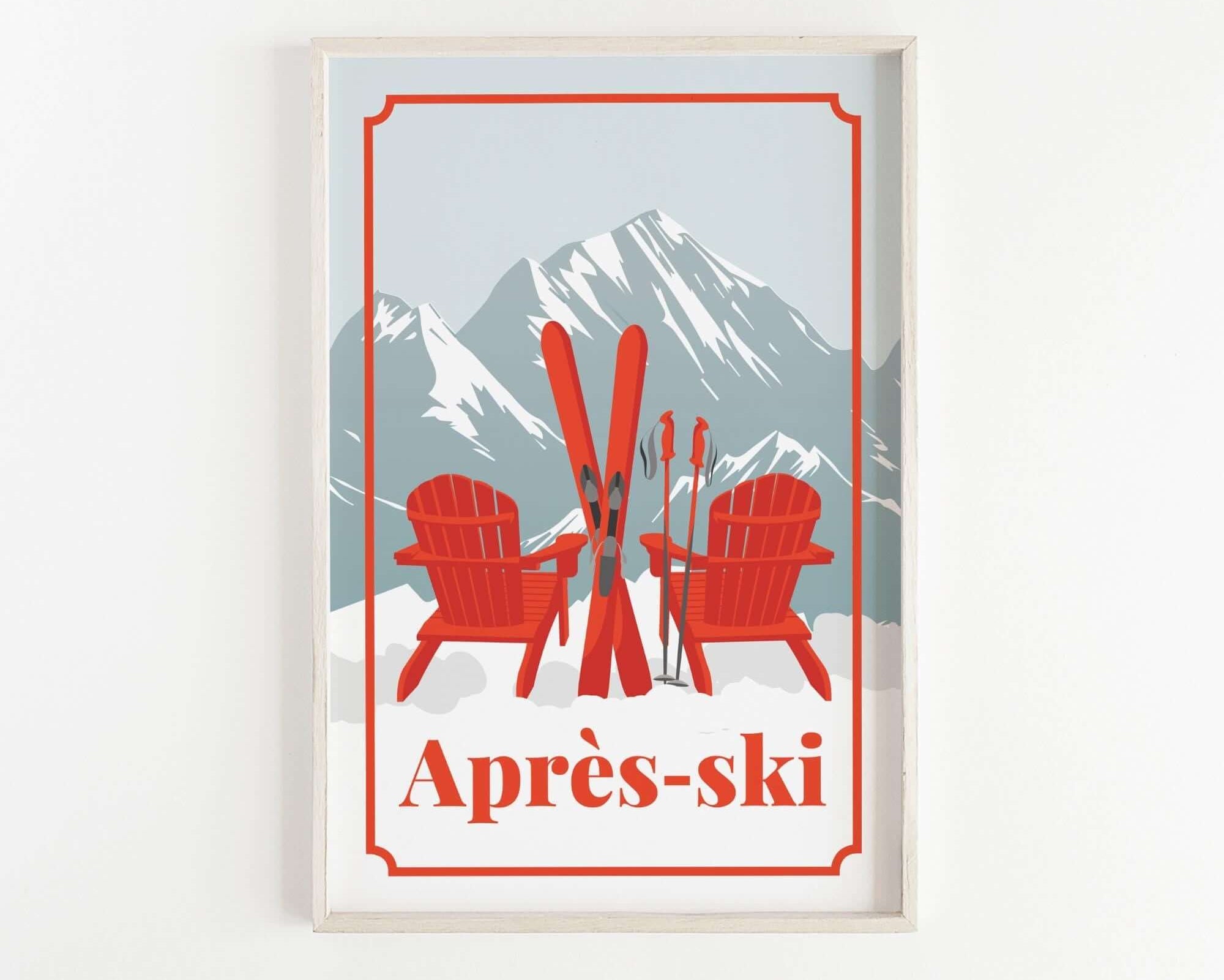 A framed poster depicting two red Adirondack chairs with skis in the foreground, set against a snowy mountain landscape with ski equipment.