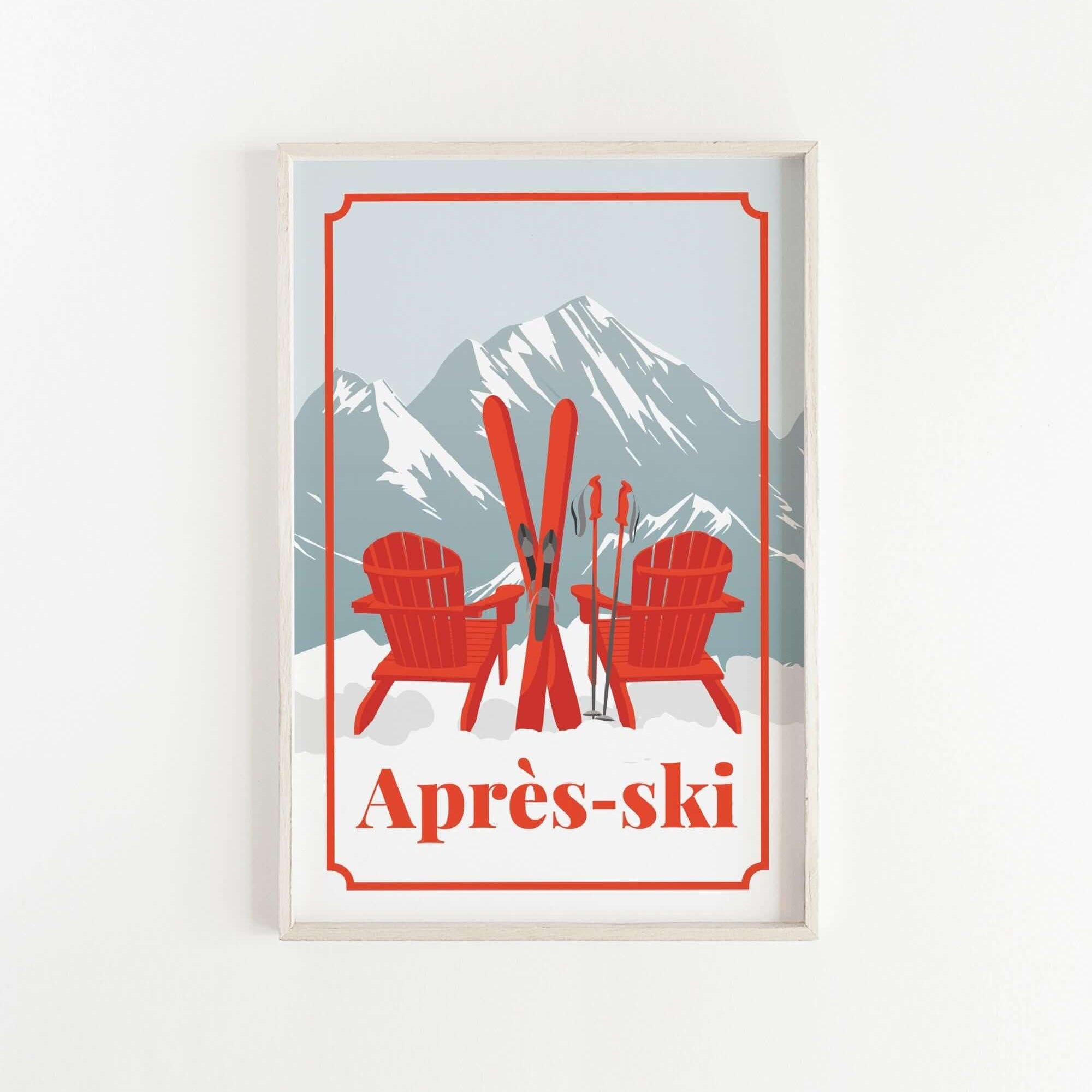 A framed poster depicting two red Adirondack chairs with skis in the foreground, set against a snowy mountain landscape with ski equipment.