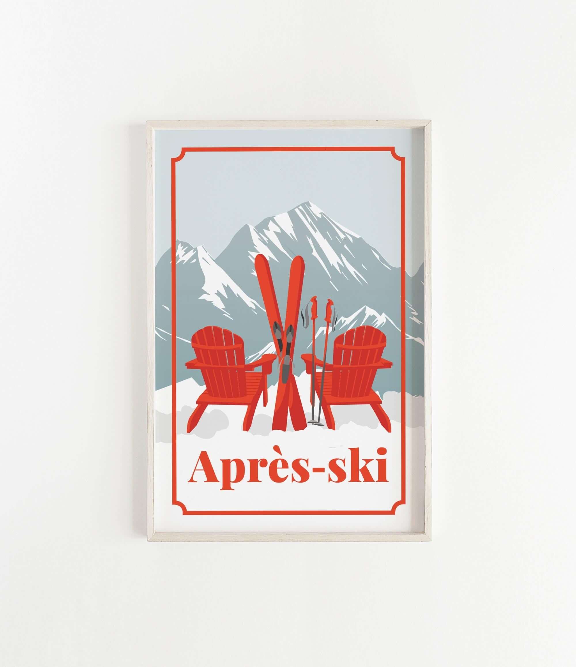 A framed poster depicting two red Adirondack chairs with skis in the foreground, set against a snowy mountain landscape with ski equipment.