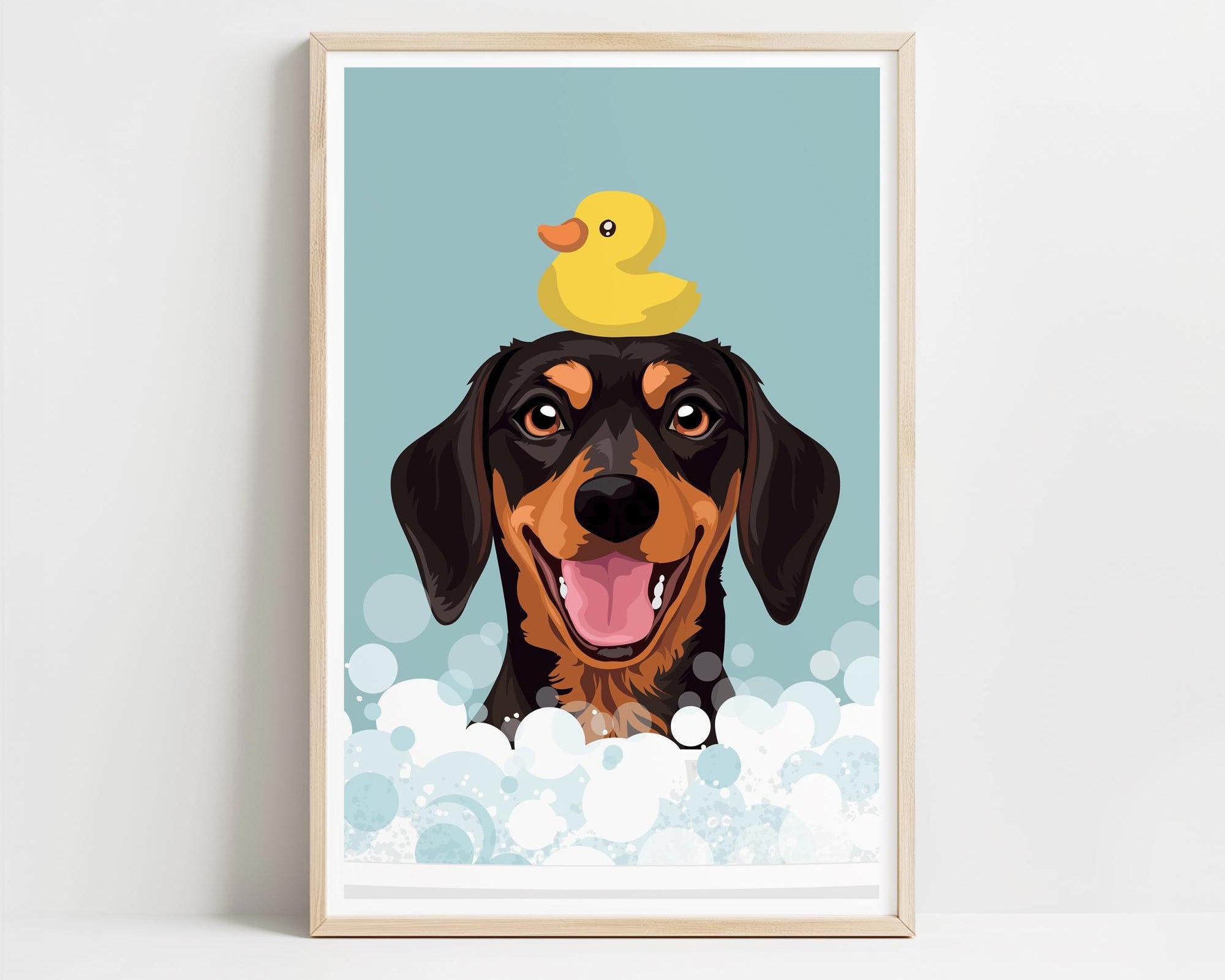 A framed illustration of a dog with a yellow rubber duck perched on its head, both surrounded by bubbles.