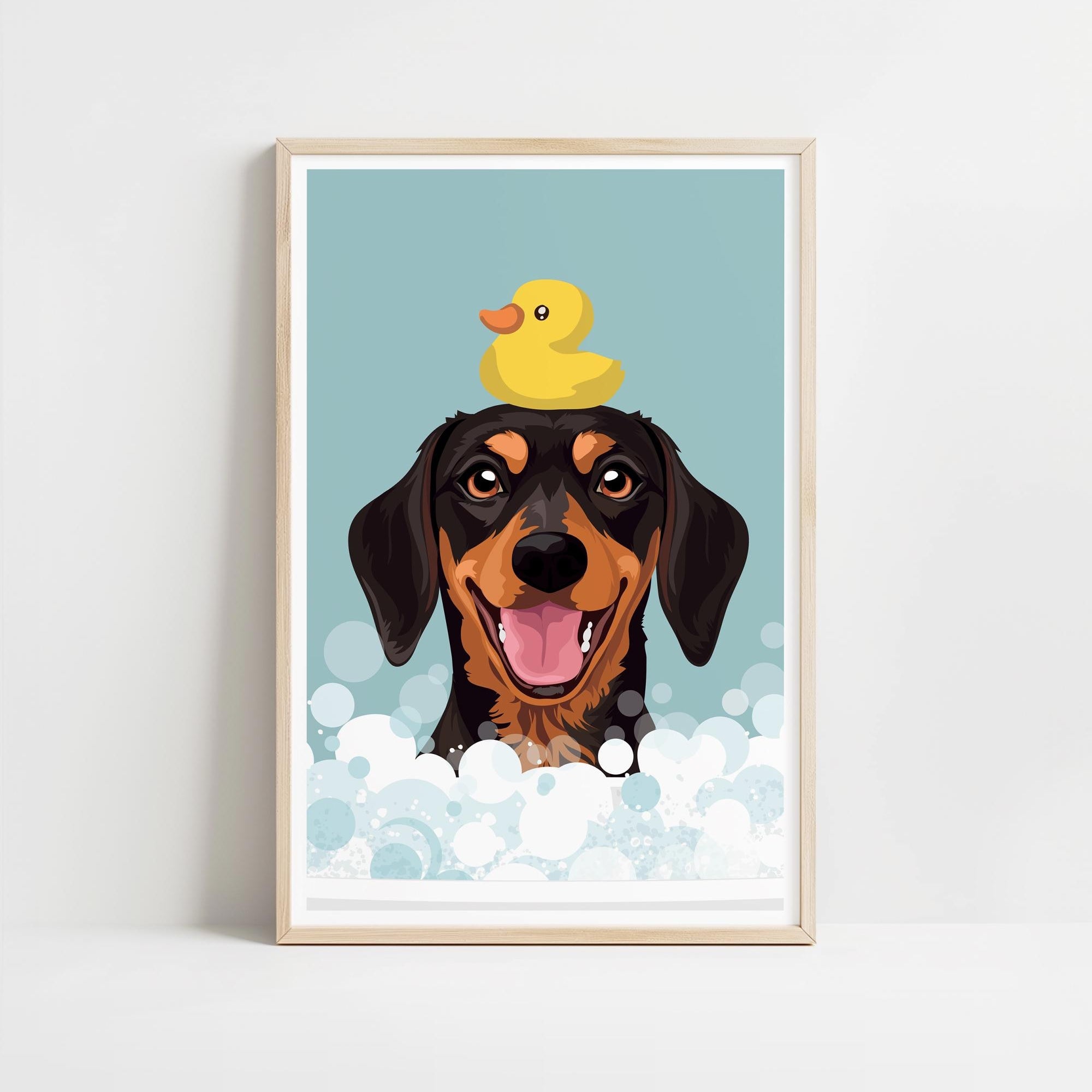 A framed illustration of a dog with a yellow rubber duck perched on its head, both surrounded by bubbles.