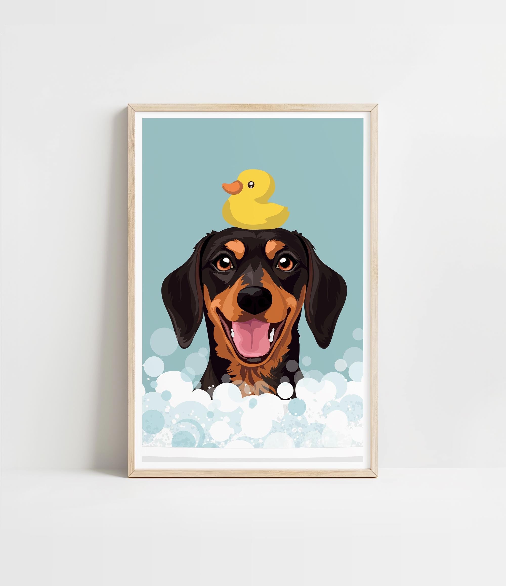 A framed illustration of a dog with a yellow rubber duck perched on its head, both surrounded by bubbles.