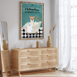 a Chihuahua dog sitting in a bathtub, surrounded by various bathroom-related items such as a vase, a bottle, and a mirror.