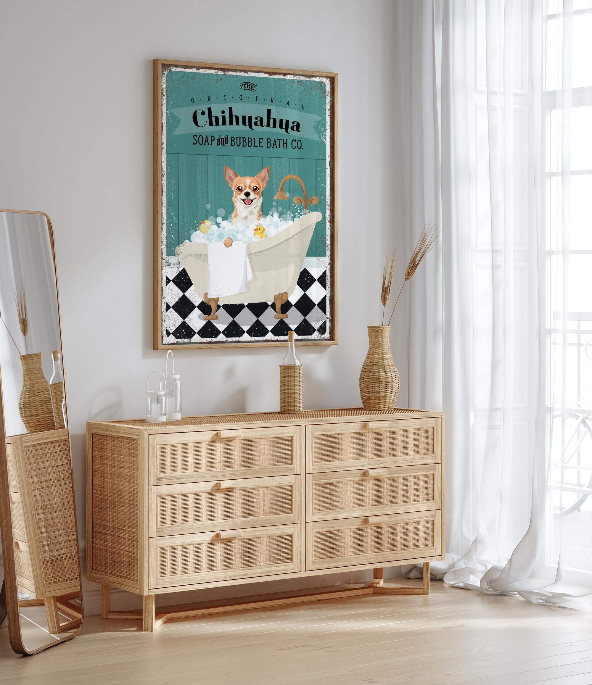 a Chihuahua dog sitting in a bathtub, surrounded by various bathroom-related items such as a vase, a bottle, and a mirror.