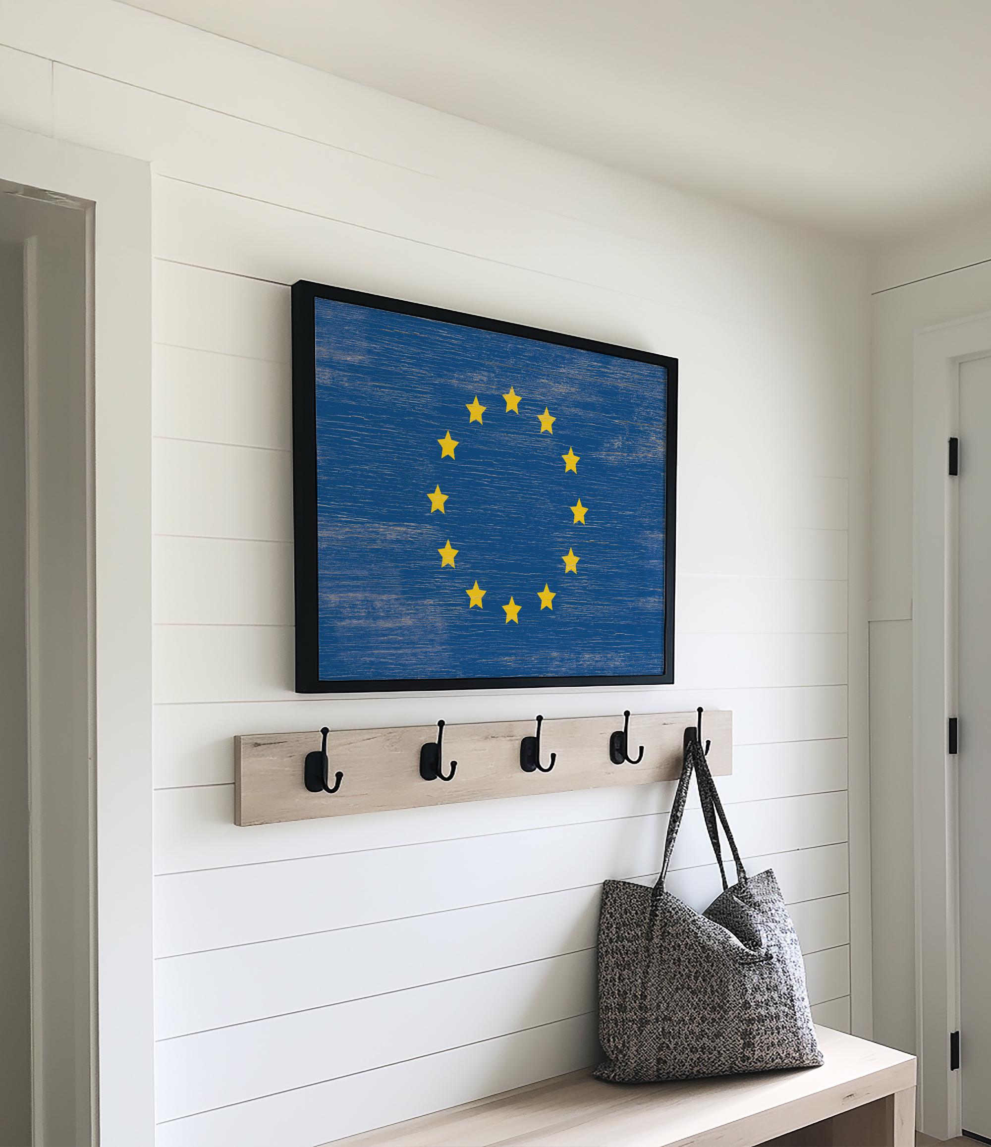 a blue and yellow flag hanging on a wall