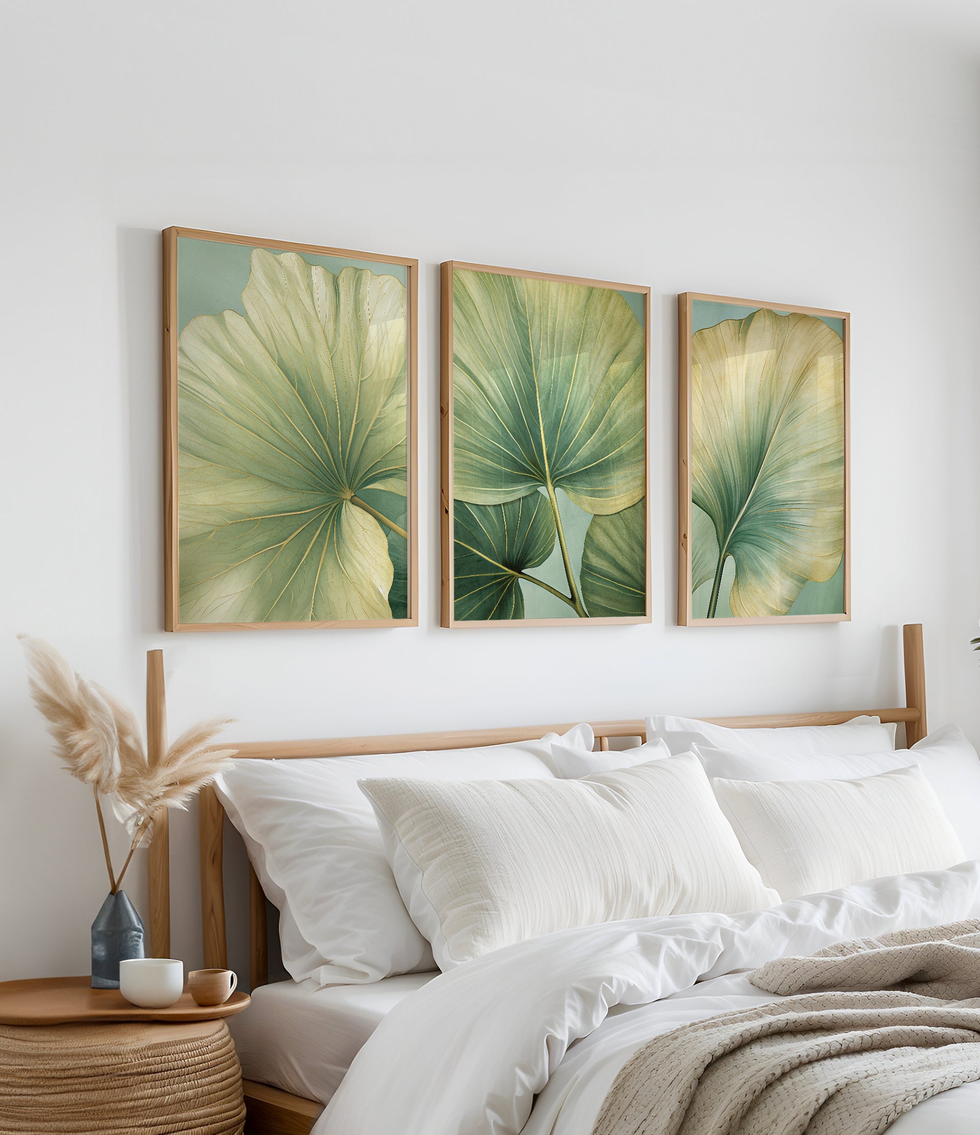 a bedroom with a bed, white pillows, and three framed prints of green leaves hanging on the wall above the bed.