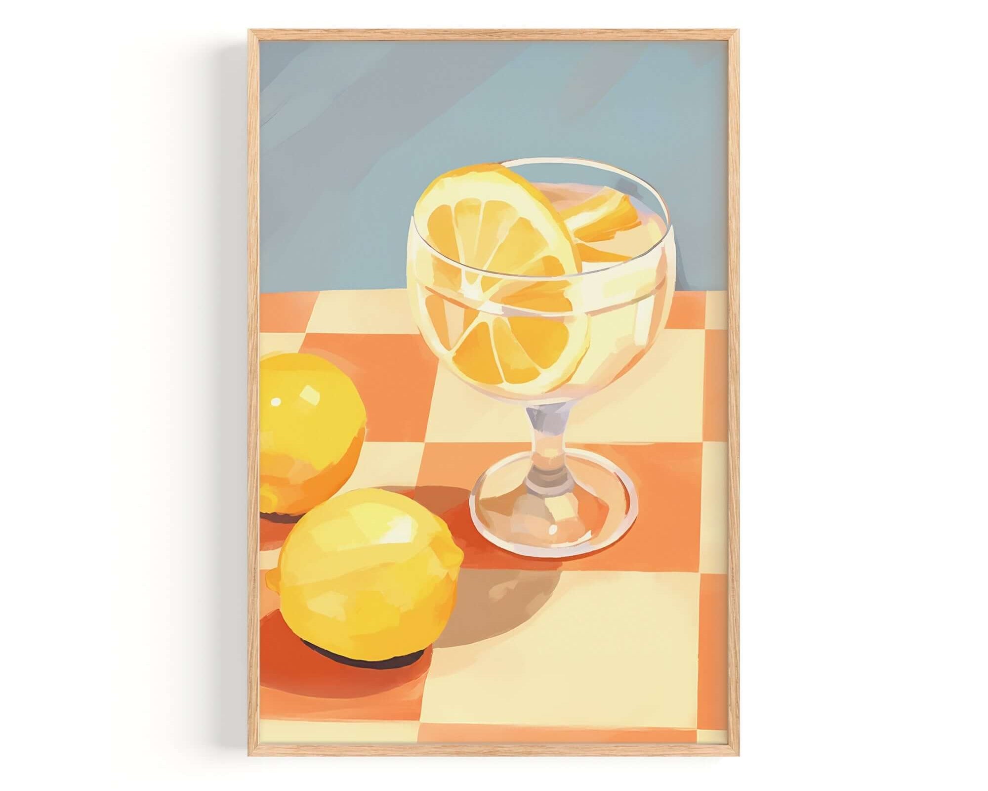 A framed illustration of a glass of lemonade with lemon slices, set on a checkered tablecloth.