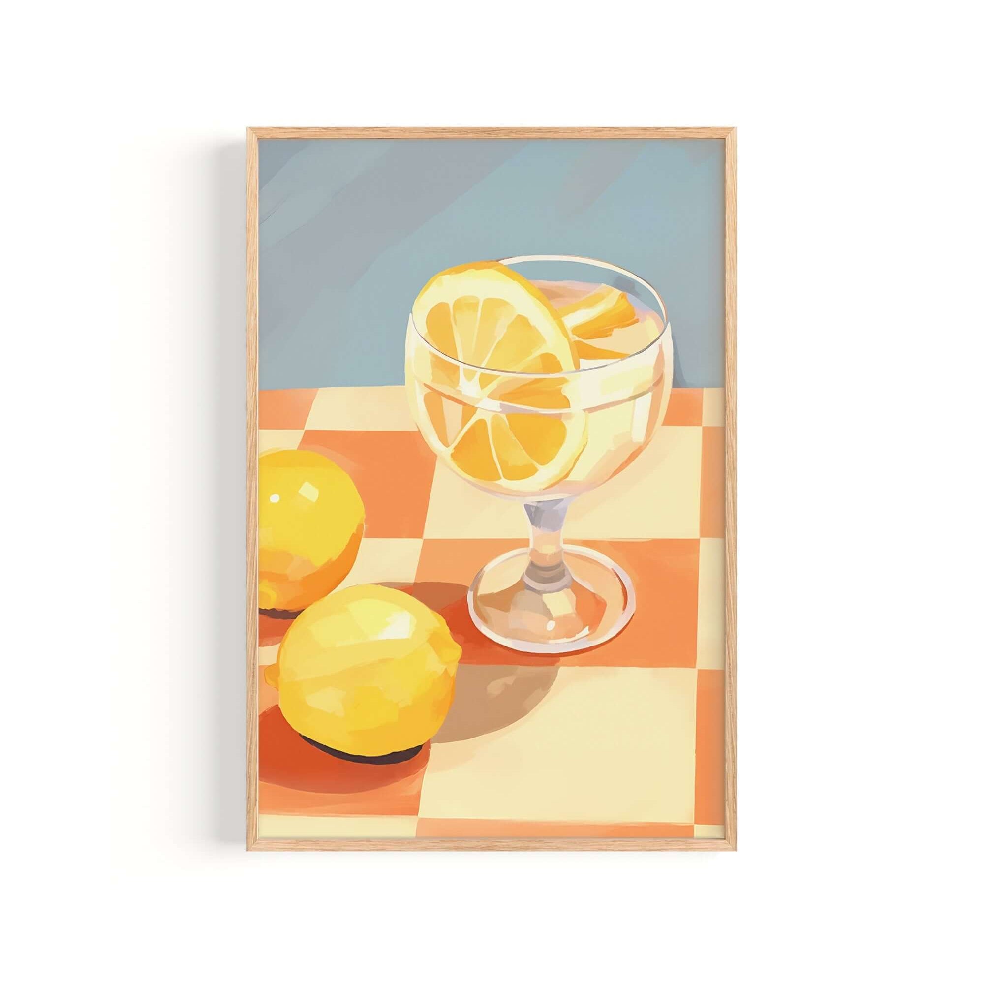 A framed illustration of a glass of lemonade with lemon slices, set on a checkered tablecloth.